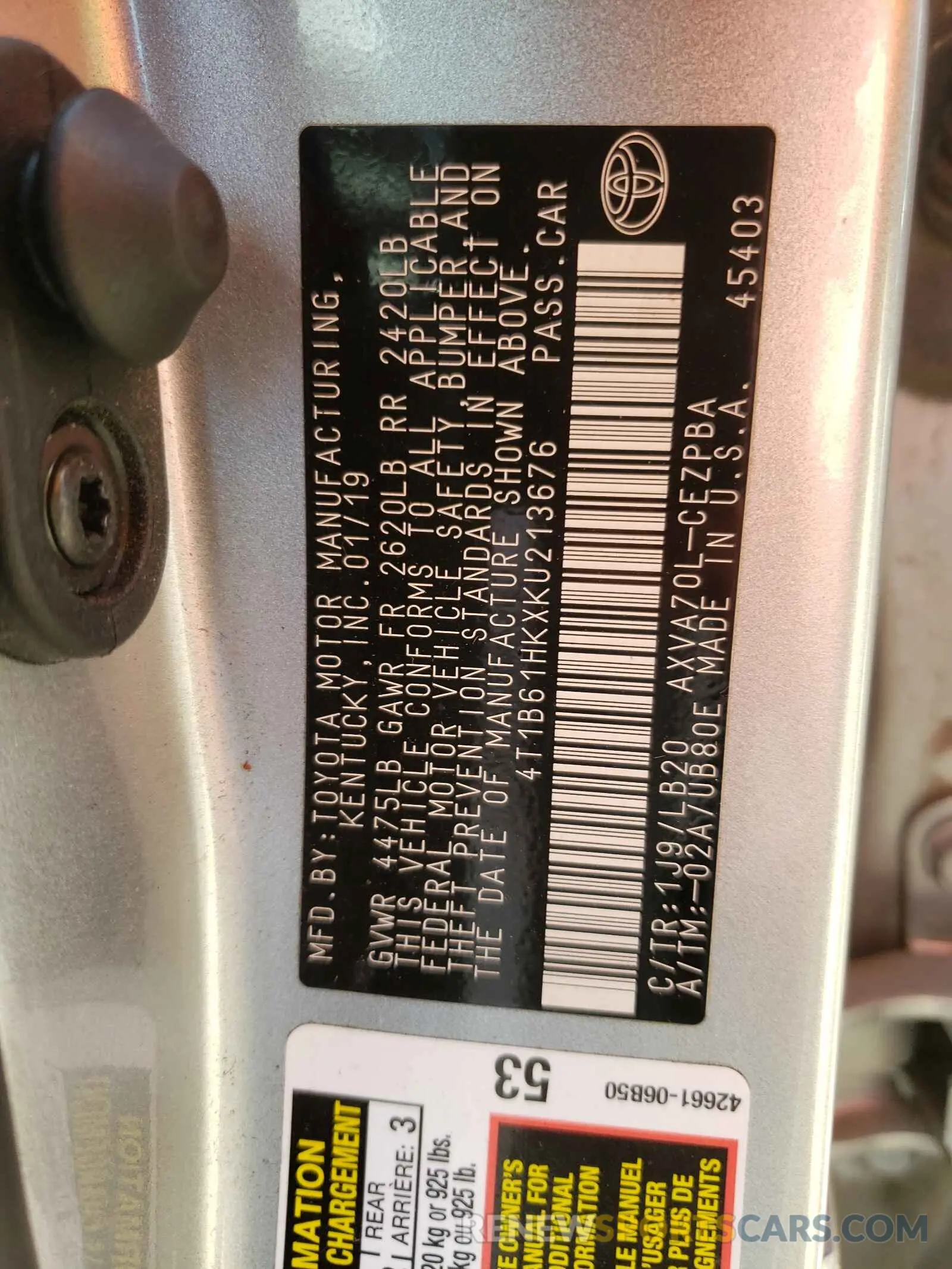 10 Photograph of a damaged car 4T1B61HKXKU213676 TOYOTA CAMRY 2019