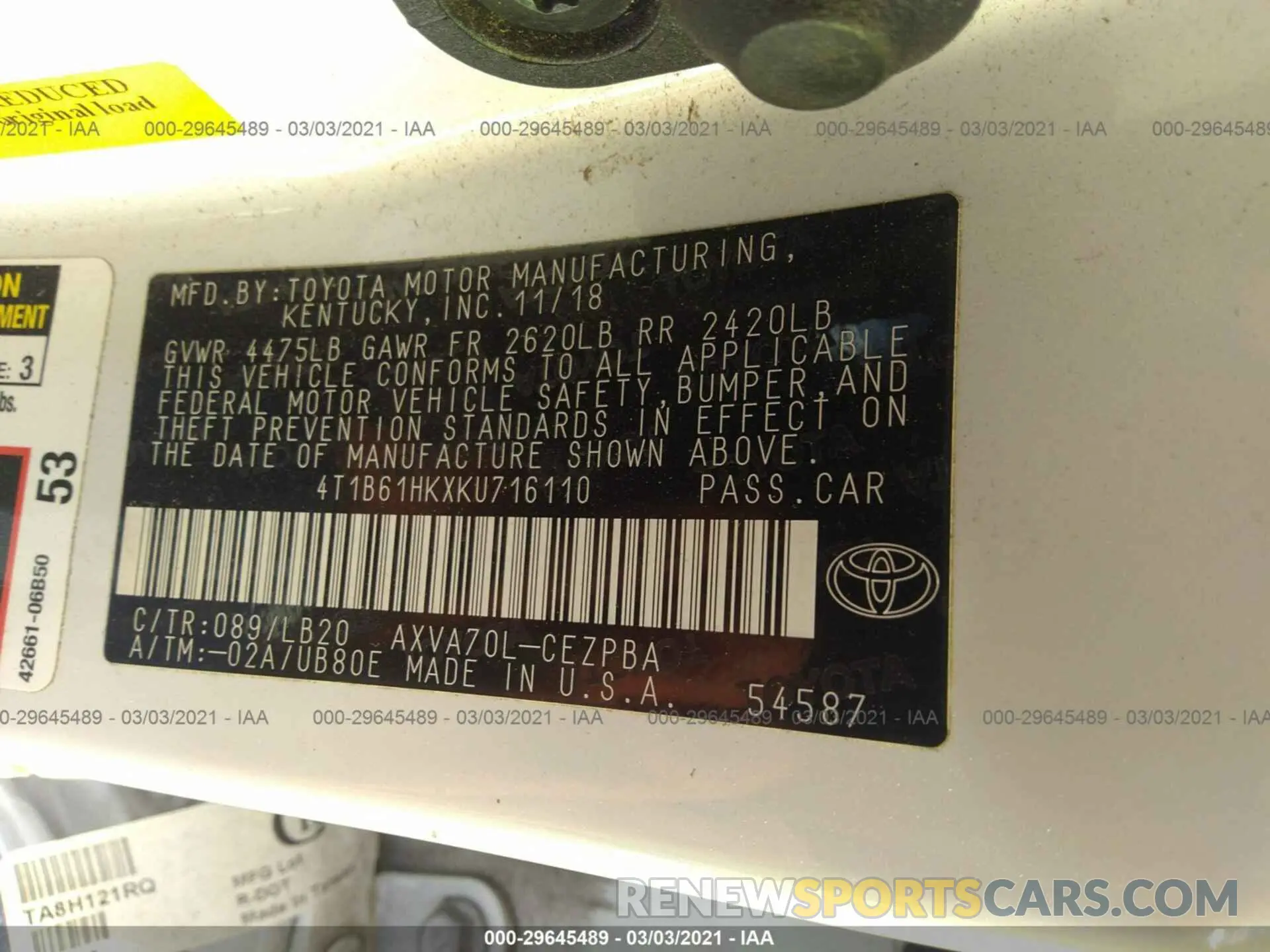 9 Photograph of a damaged car 4T1B61HKXKU716110 TOYOTA CAMRY 2019