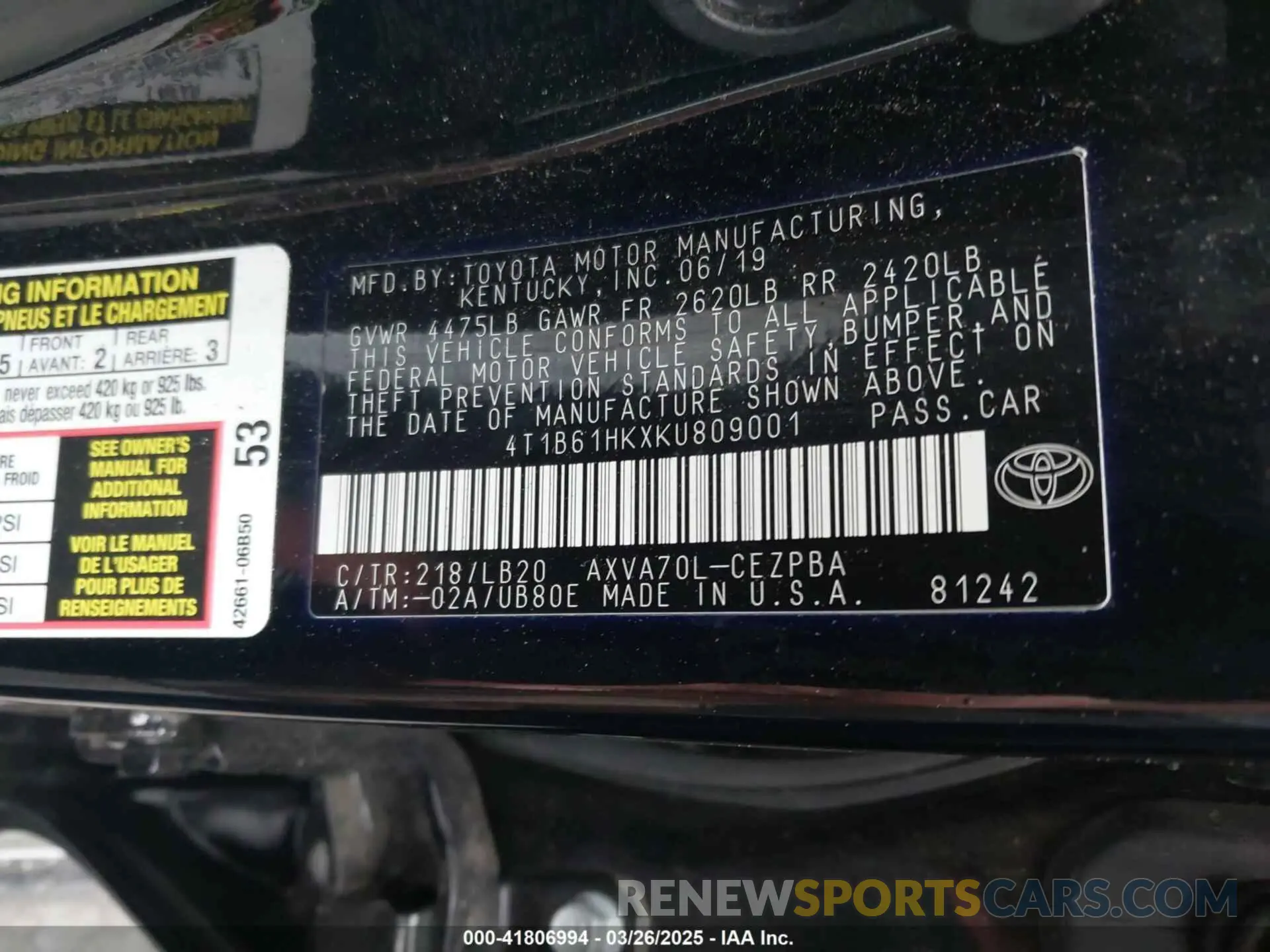 9 Фотография поврежденного автомобиля 4T1B61HKXKU809001 TOYOTA CAMRY 2019