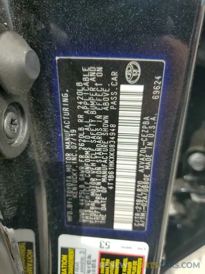 12 Photograph of a damaged car 4T1B61HKXKU834948 TOYOTA CAMRY 2019