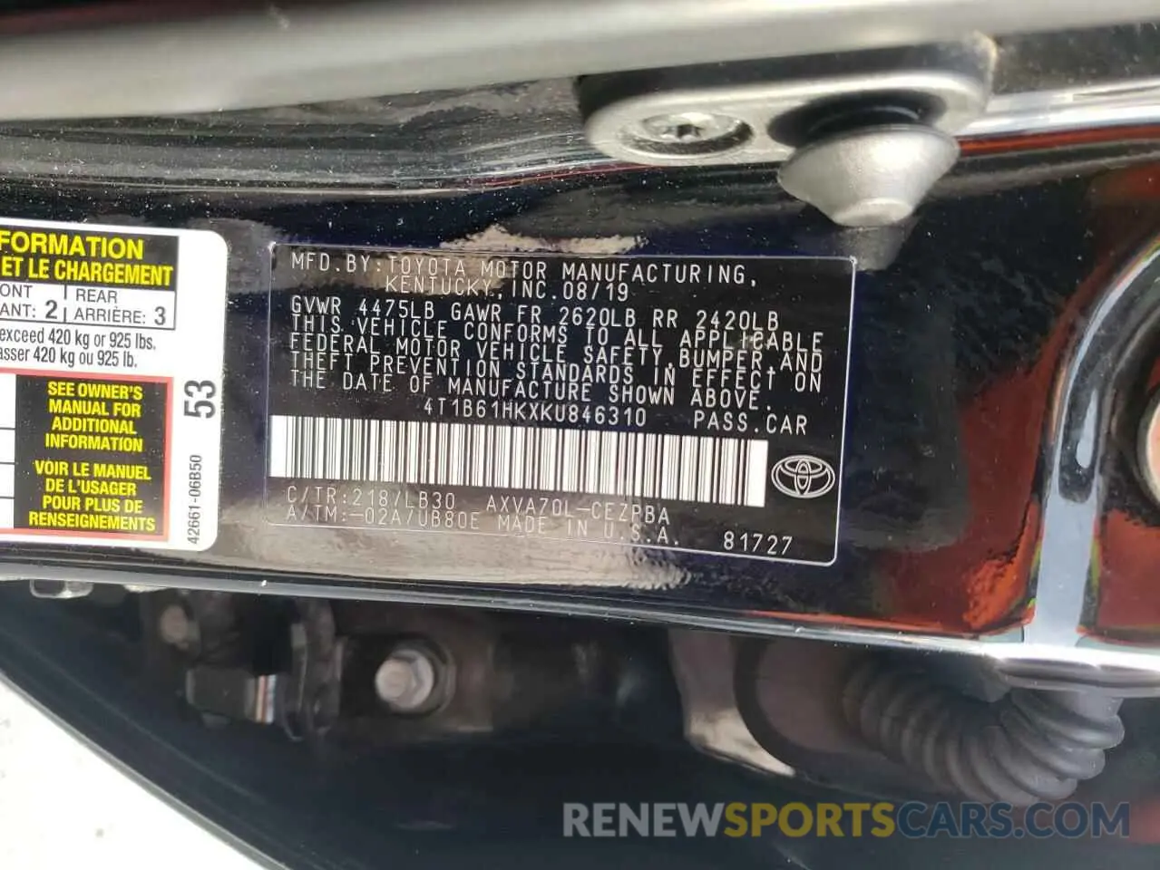 10 Photograph of a damaged car 4T1B61HKXKU846310 TOYOTA CAMRY 2019