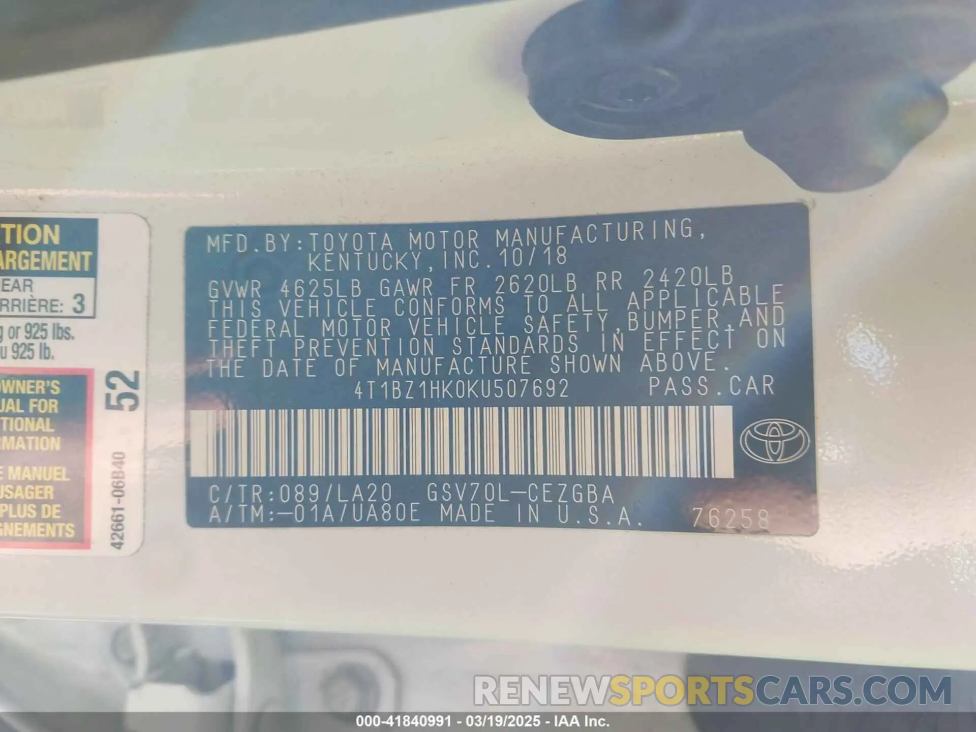 9 Photograph of a damaged car 4T1BZ1HK0KU507692 TOYOTA CAMRY 2019