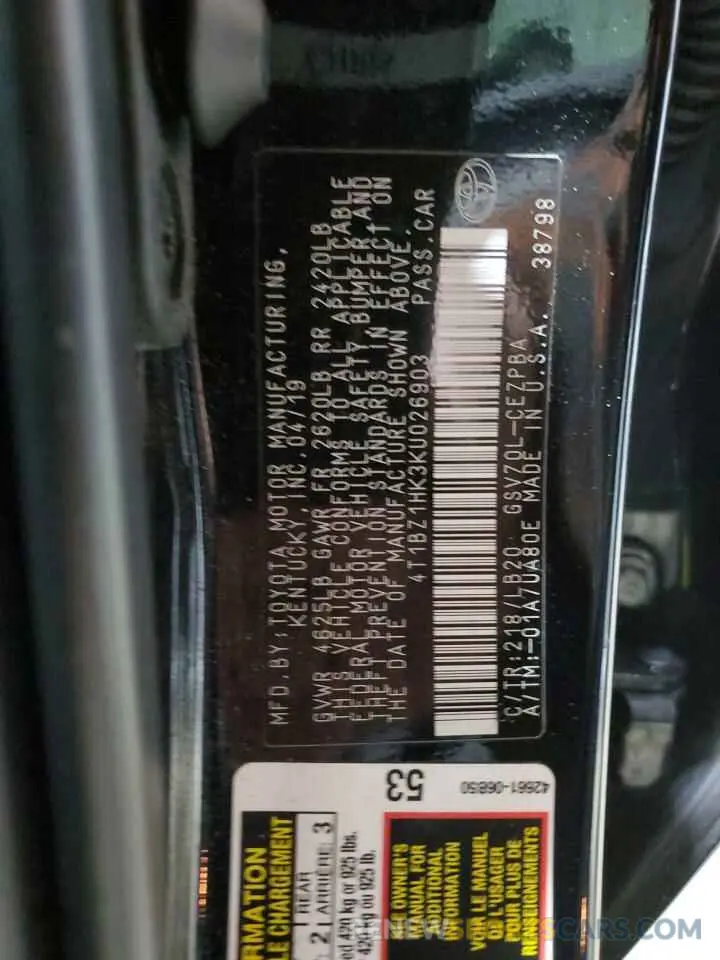 12 Photograph of a damaged car 4T1BZ1HK3KU026903 TOYOTA CAMRY 2019