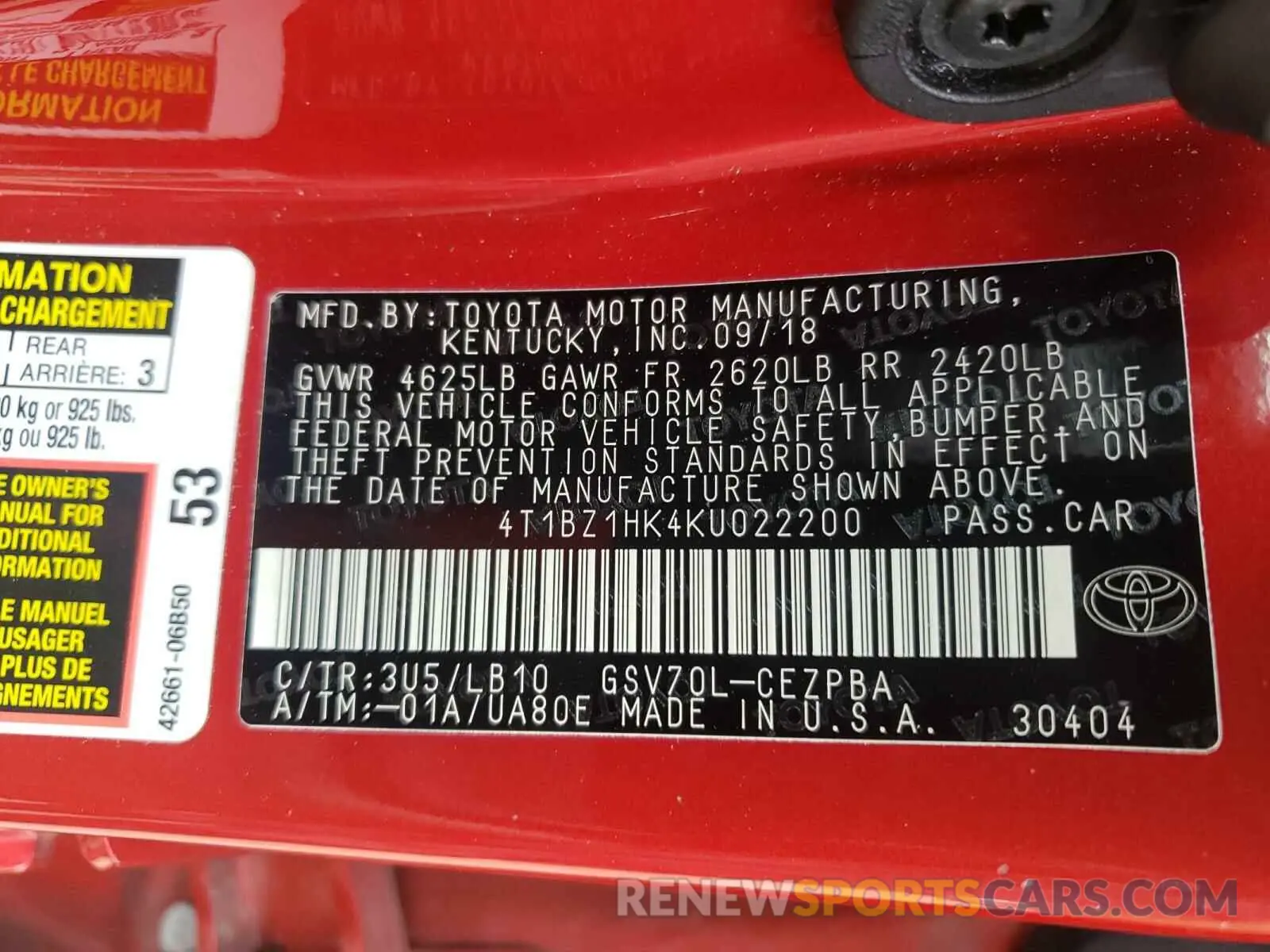 10 Photograph of a damaged car 4T1BZ1HK4KU022200 TOYOTA CAMRY 2019