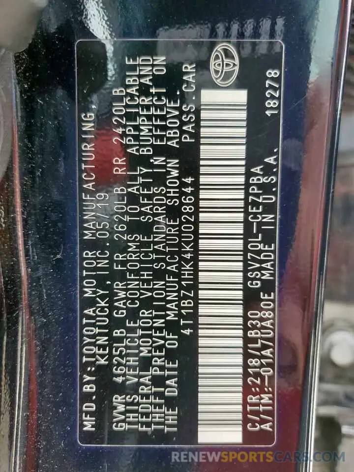 12 Photograph of a damaged car 4T1BZ1HK4KU028644 TOYOTA CAMRY 2019