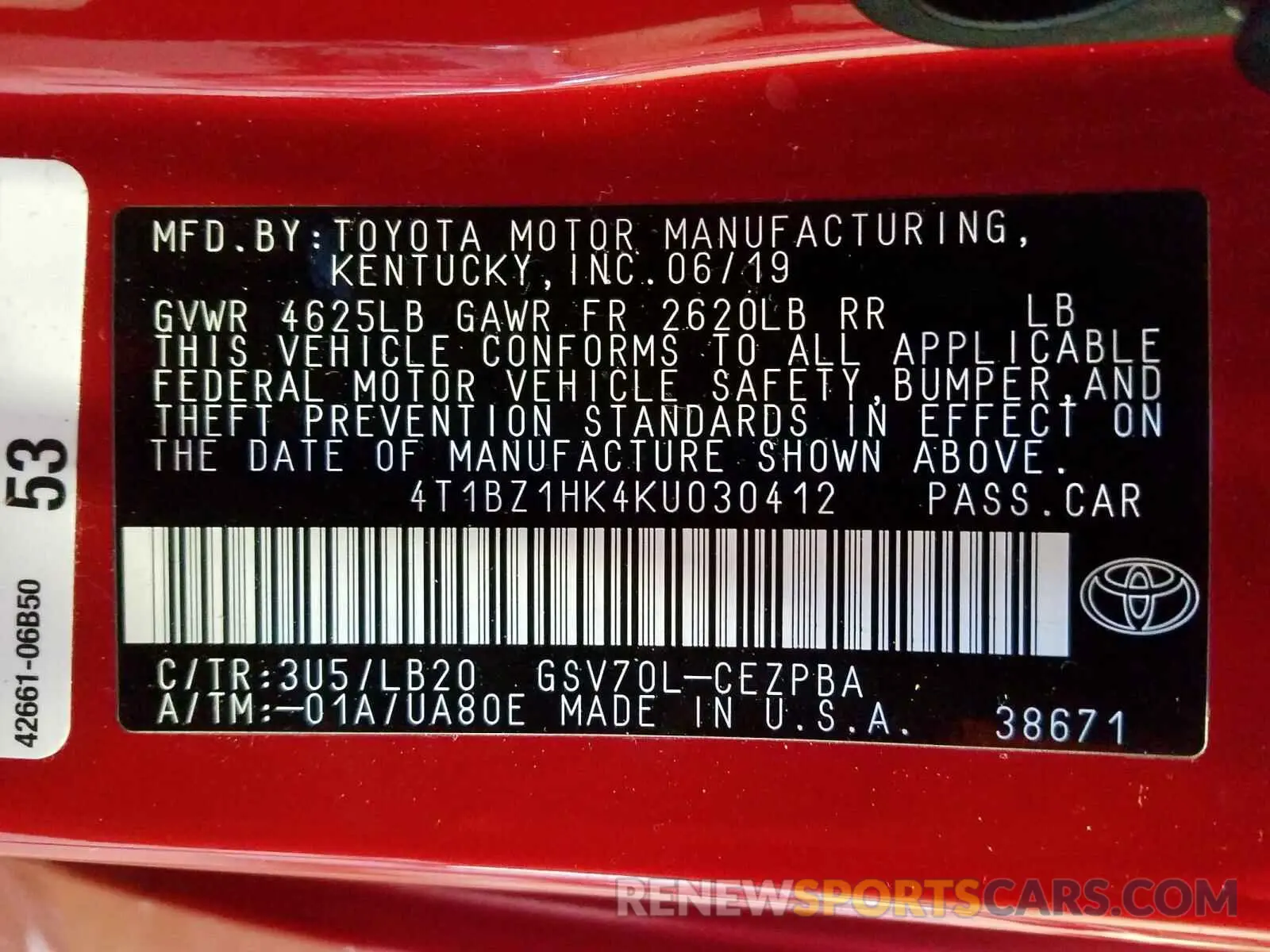 10 Photograph of a damaged car 4T1BZ1HK4KU030412 TOYOTA CAMRY 2019