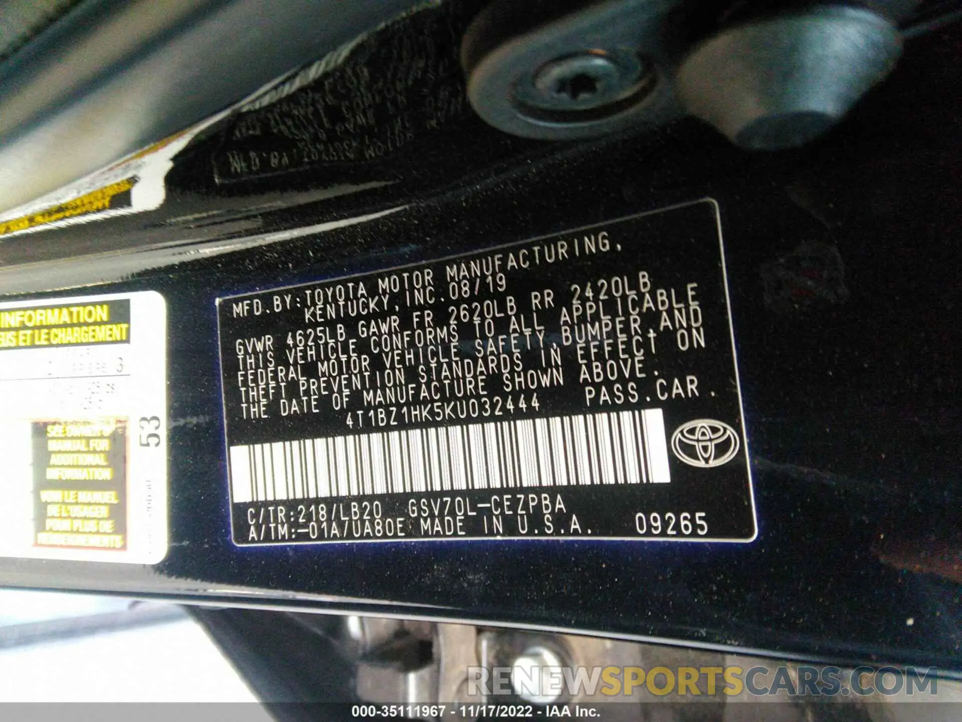 9 Photograph of a damaged car 4T1BZ1HK5KU032444 TOYOTA CAMRY 2019