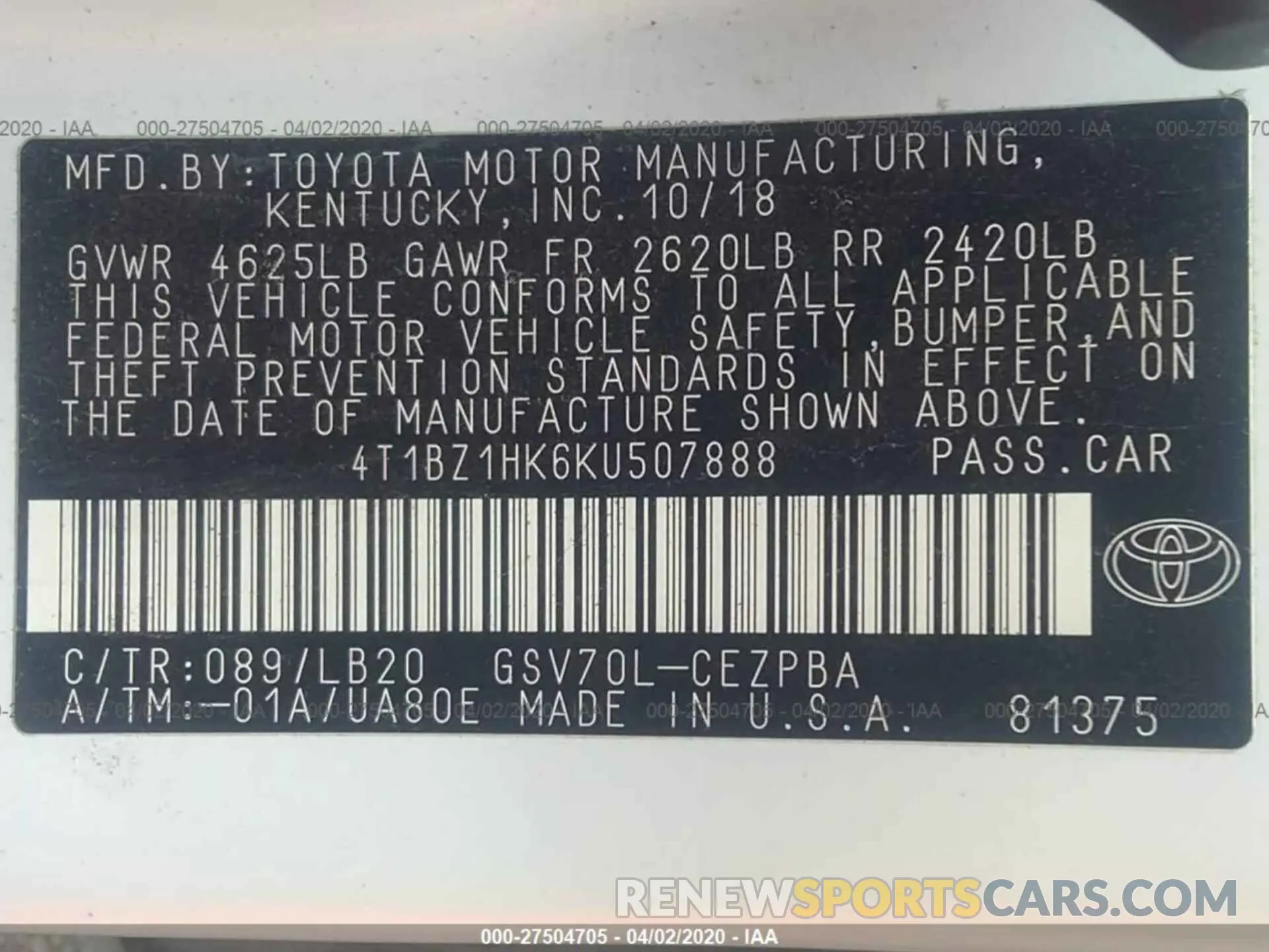 9 Photograph of a damaged car 4T1BZ1HK6KU507888 TOYOTA CAMRY 2019