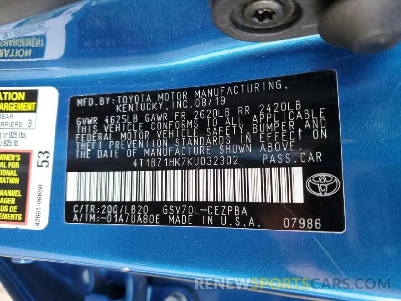 10 Photograph of a damaged car 4T1BZ1HK7KU032302 TOYOTA CAMRY 2019