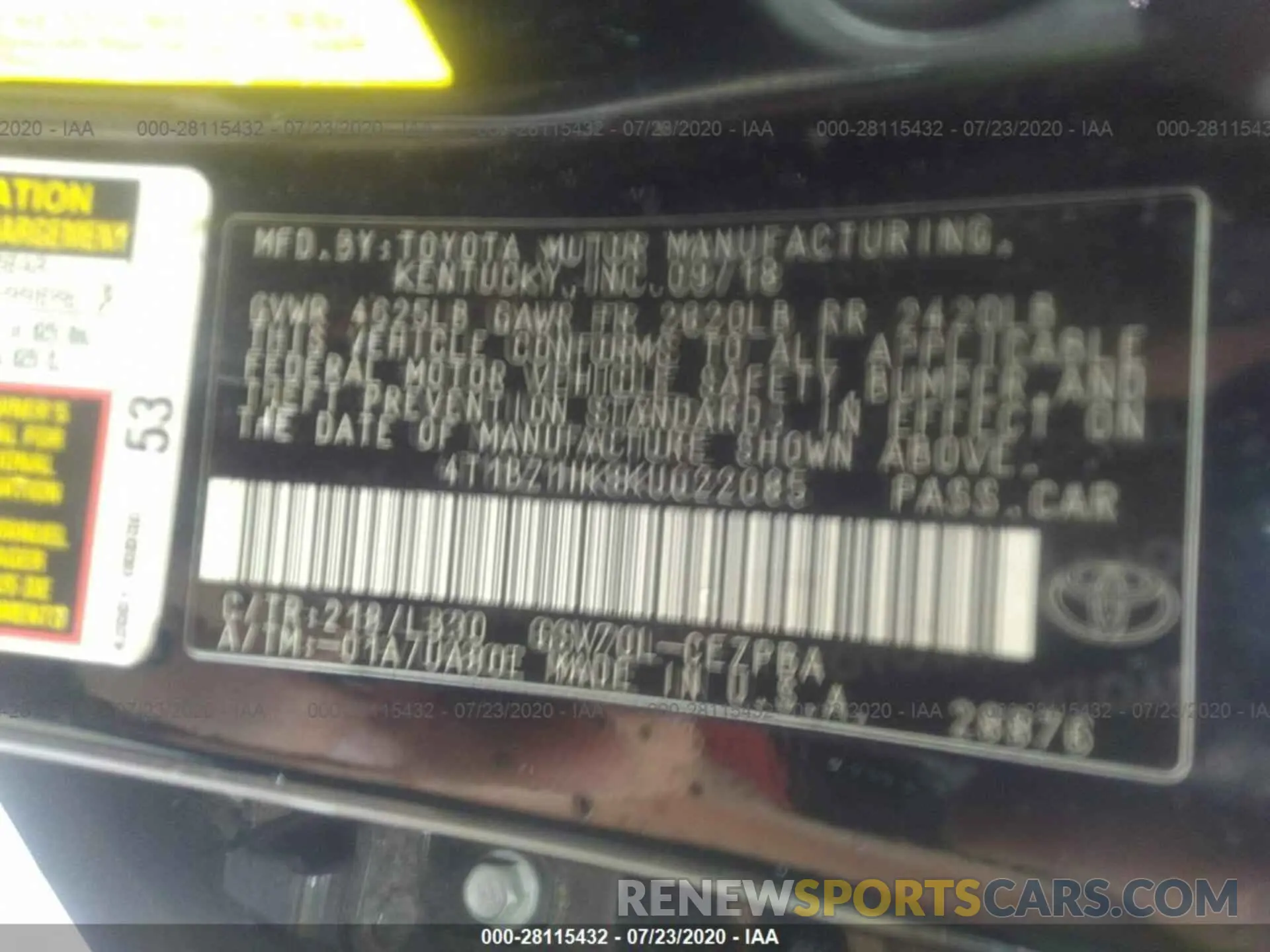 9 Photograph of a damaged car 4T1BZ1HK8KU022085 TOYOTA CAMRY 2019