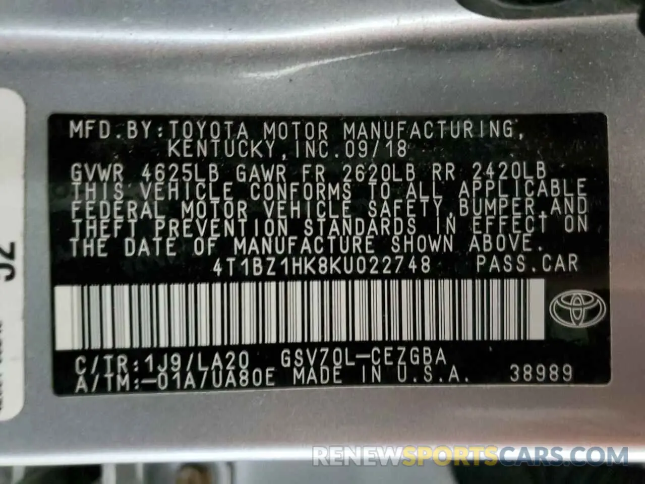 10 Photograph of a damaged car 4T1BZ1HK8KU022748 TOYOTA CAMRY 2019