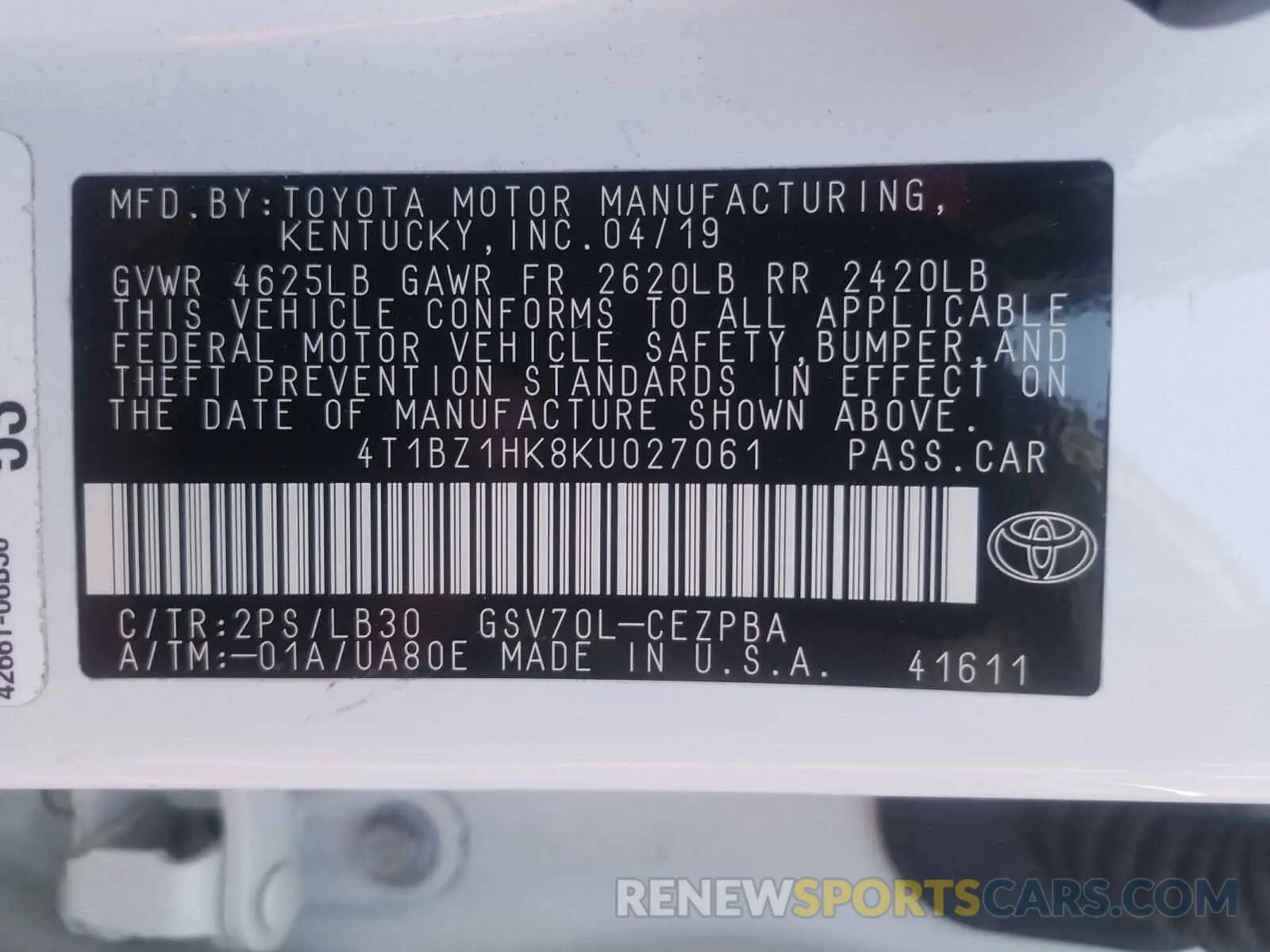 10 Photograph of a damaged car 4T1BZ1HK8KU027061 TOYOTA CAMRY 2019