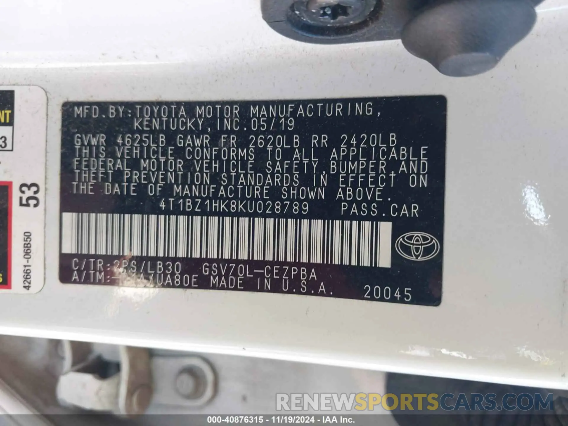 9 Фотография поврежденного автомобиля 4T1BZ1HK8KU028789 TOYOTA CAMRY 2019