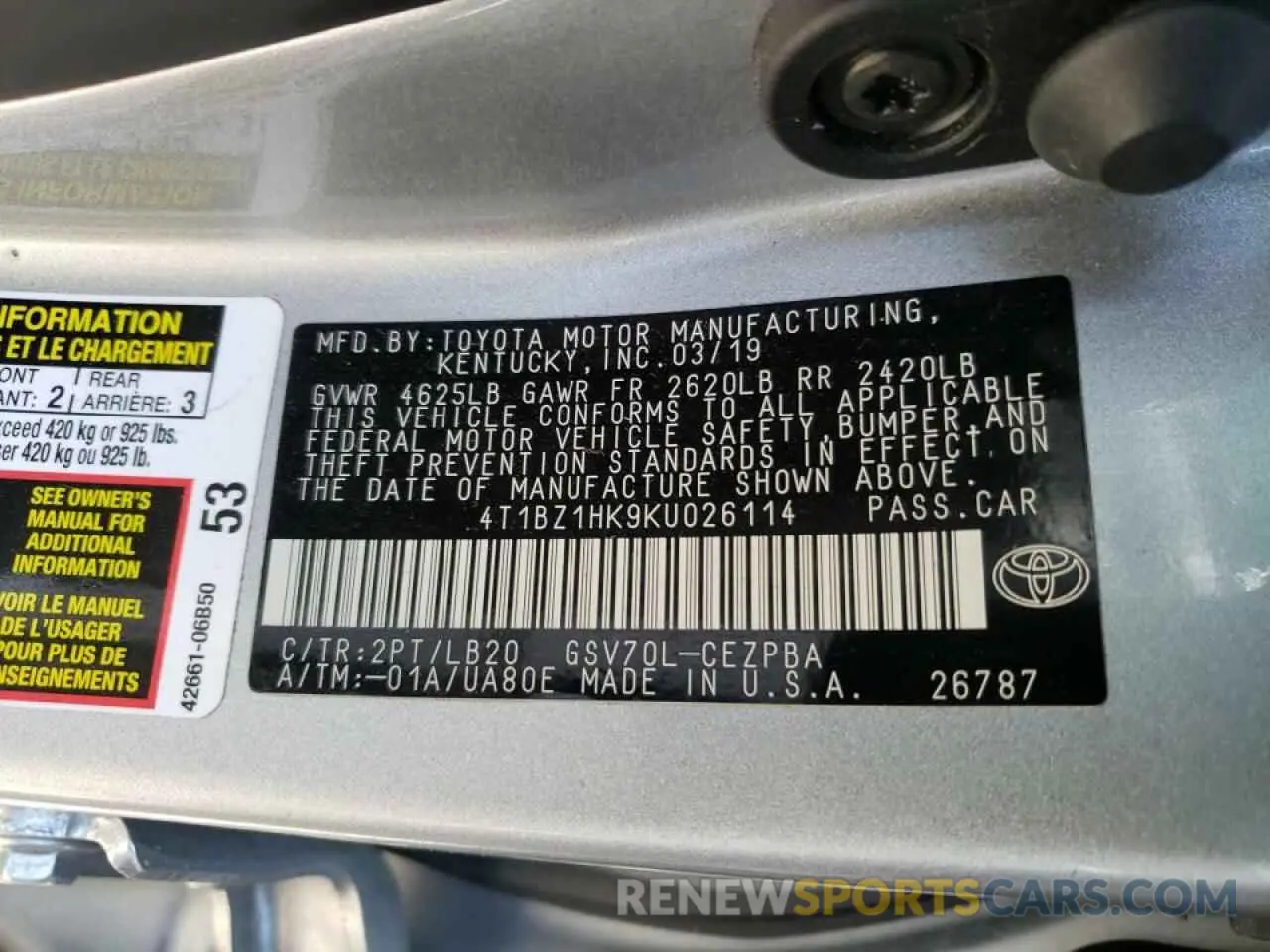 10 Photograph of a damaged car 4T1BZ1HK9KU026114 TOYOTA CAMRY 2019