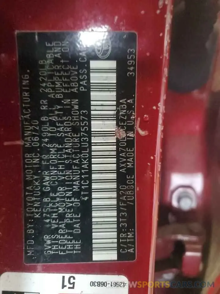 12 Фотография поврежденного автомобиля 4T1C11AK0LU375573 TOYOTA CAMRY 2020