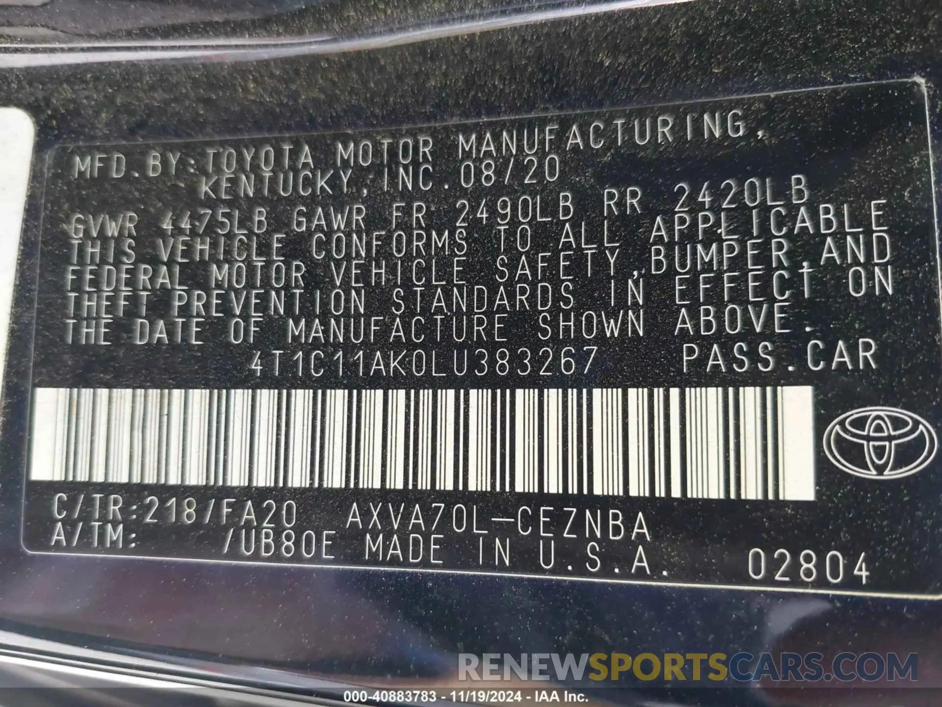 9 Фотография поврежденного автомобиля 4T1C11AK0LU383267 TOYOTA CAMRY 2020
