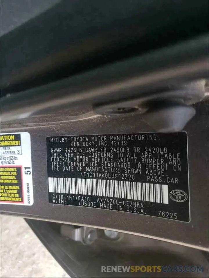 10 Photograph of a damaged car 4T1C11AK0LU912720 TOYOTA CAMRY 2020