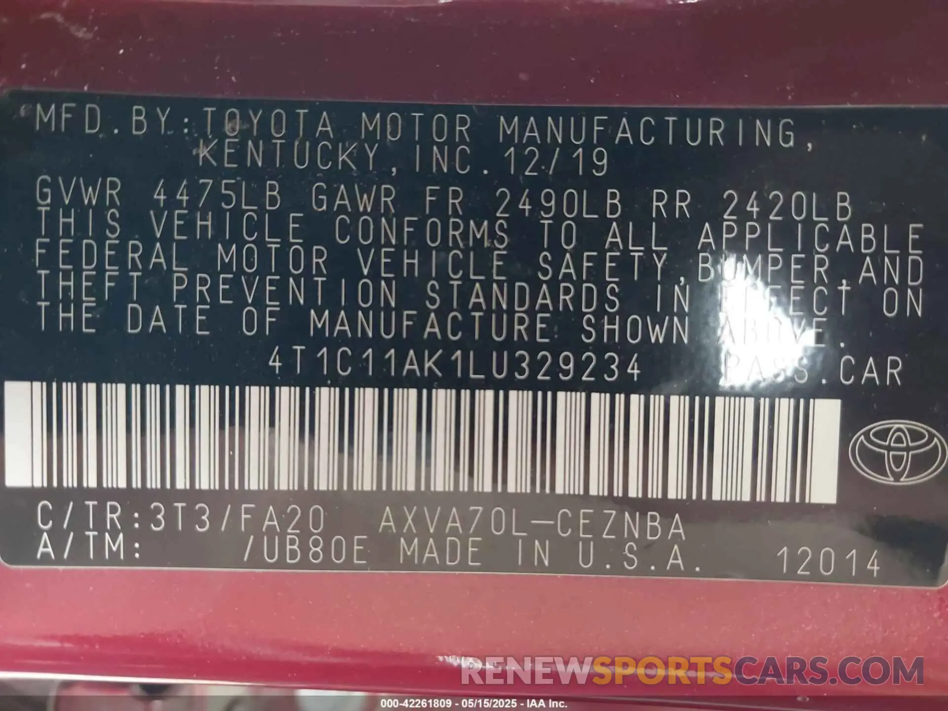 9 Photograph of a damaged car 4T1C11AK1LU329234 TOYOTA CAMRY 2020