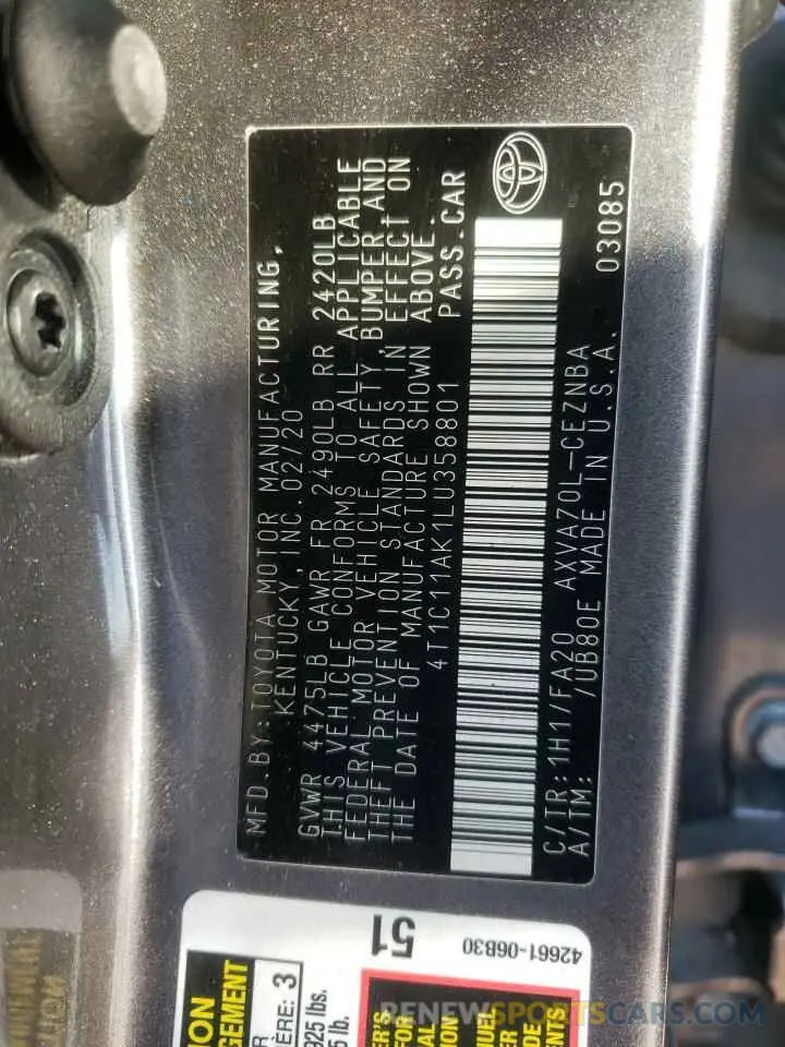 12 Photograph of a damaged car 4T1C11AK1LU358801 TOYOTA CAMRY 2020