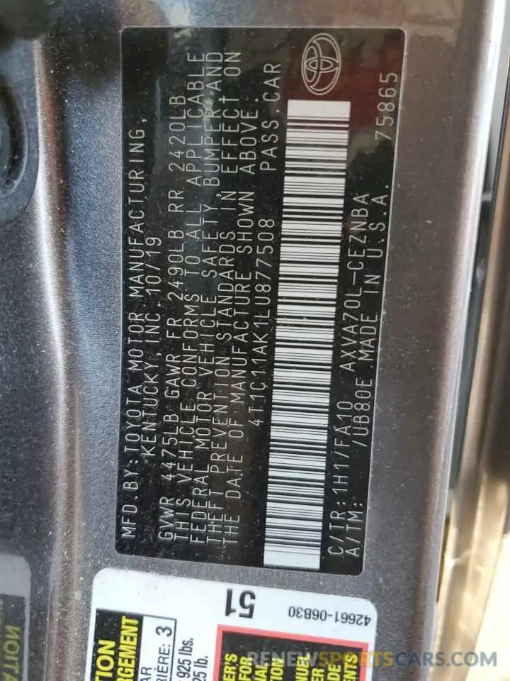 13 Photograph of a damaged car 4T1C11AK1LU877508 TOYOTA CAMRY 2020