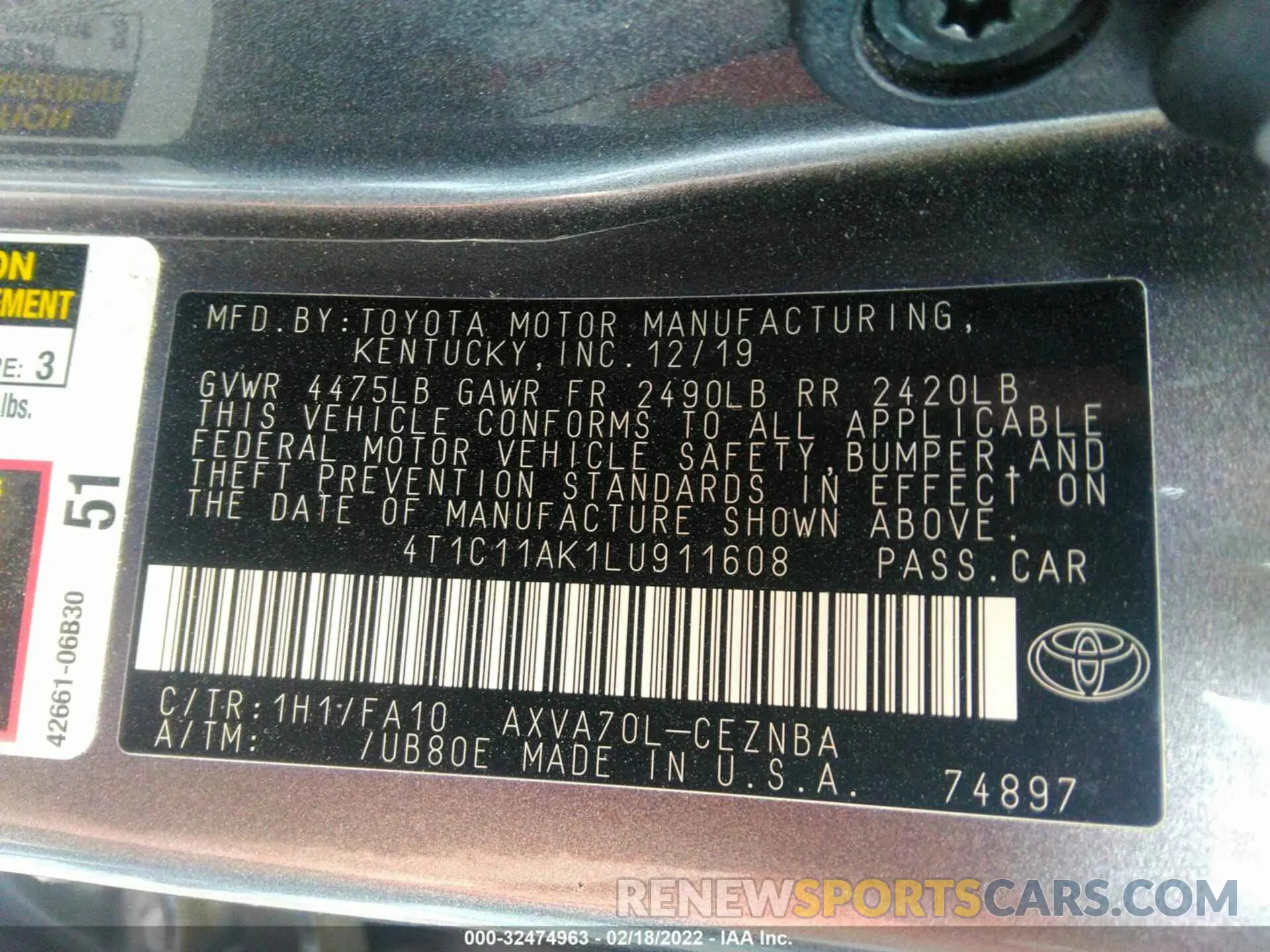 9 Фотография поврежденного автомобиля 4T1C11AK1LU911608 TOYOTA CAMRY 2020