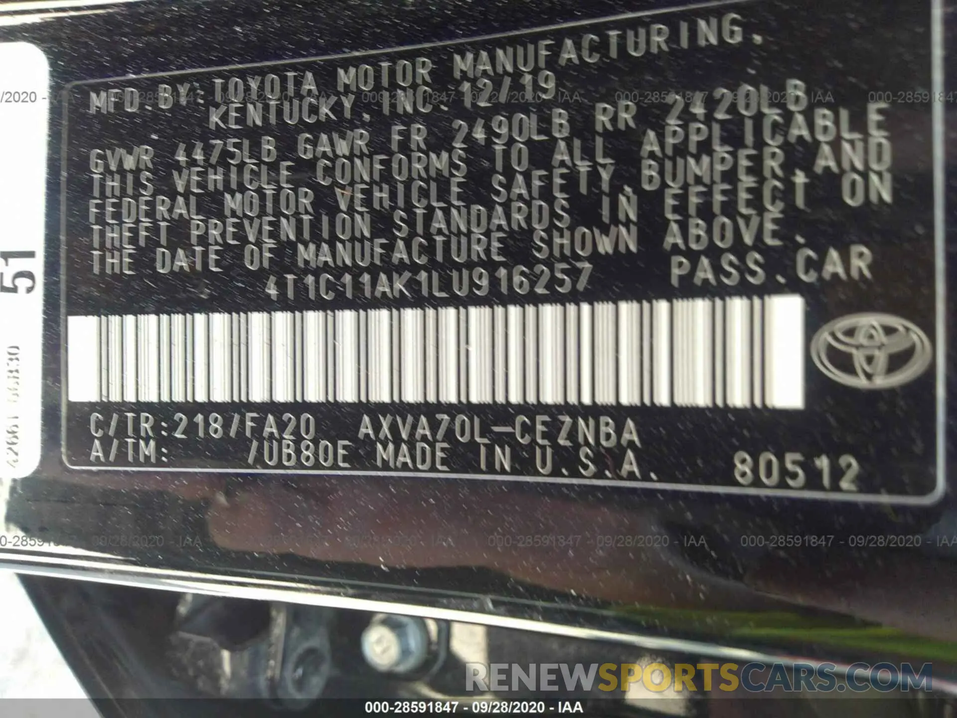 9 Photograph of a damaged car 4T1C11AK1LU916257 TOYOTA CAMRY 2020