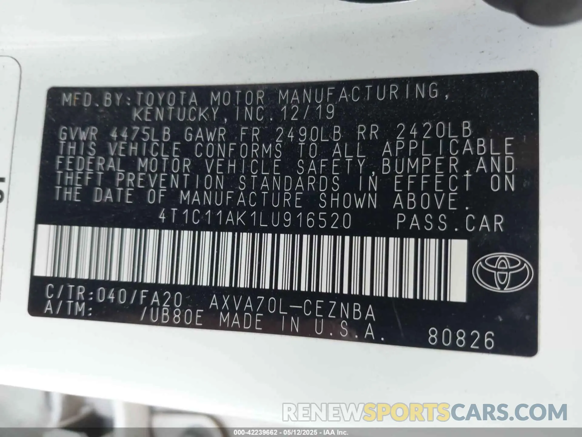 9 Photograph of a damaged car 4T1C11AK1LU916520 TOYOTA CAMRY 2020