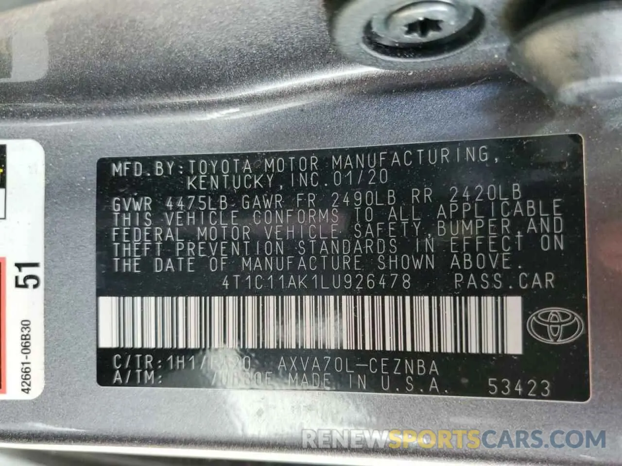 10 Photograph of a damaged car 4T1C11AK1LU926478 TOYOTA CAMRY 2020