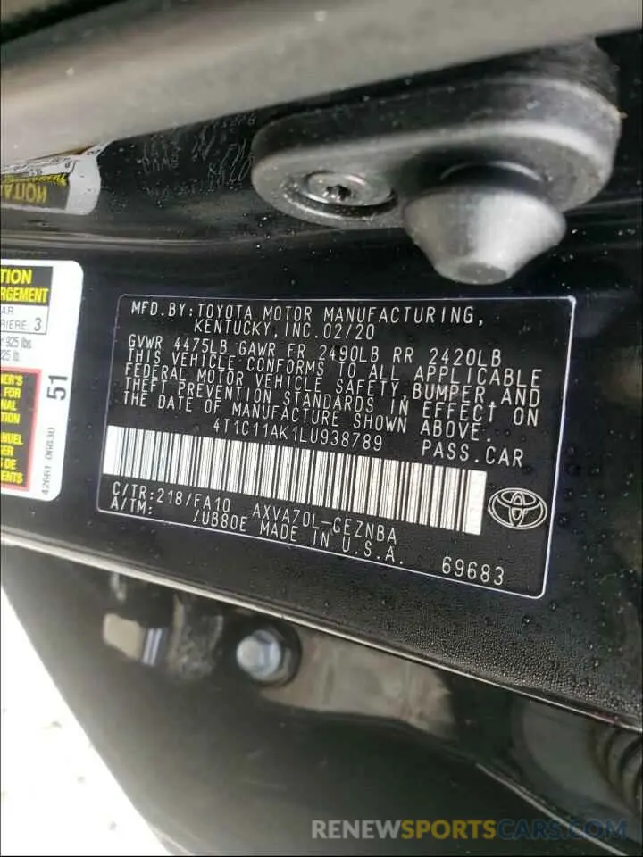 10 Photograph of a damaged car 4T1C11AK1LU938789 TOYOTA CAMRY 2020