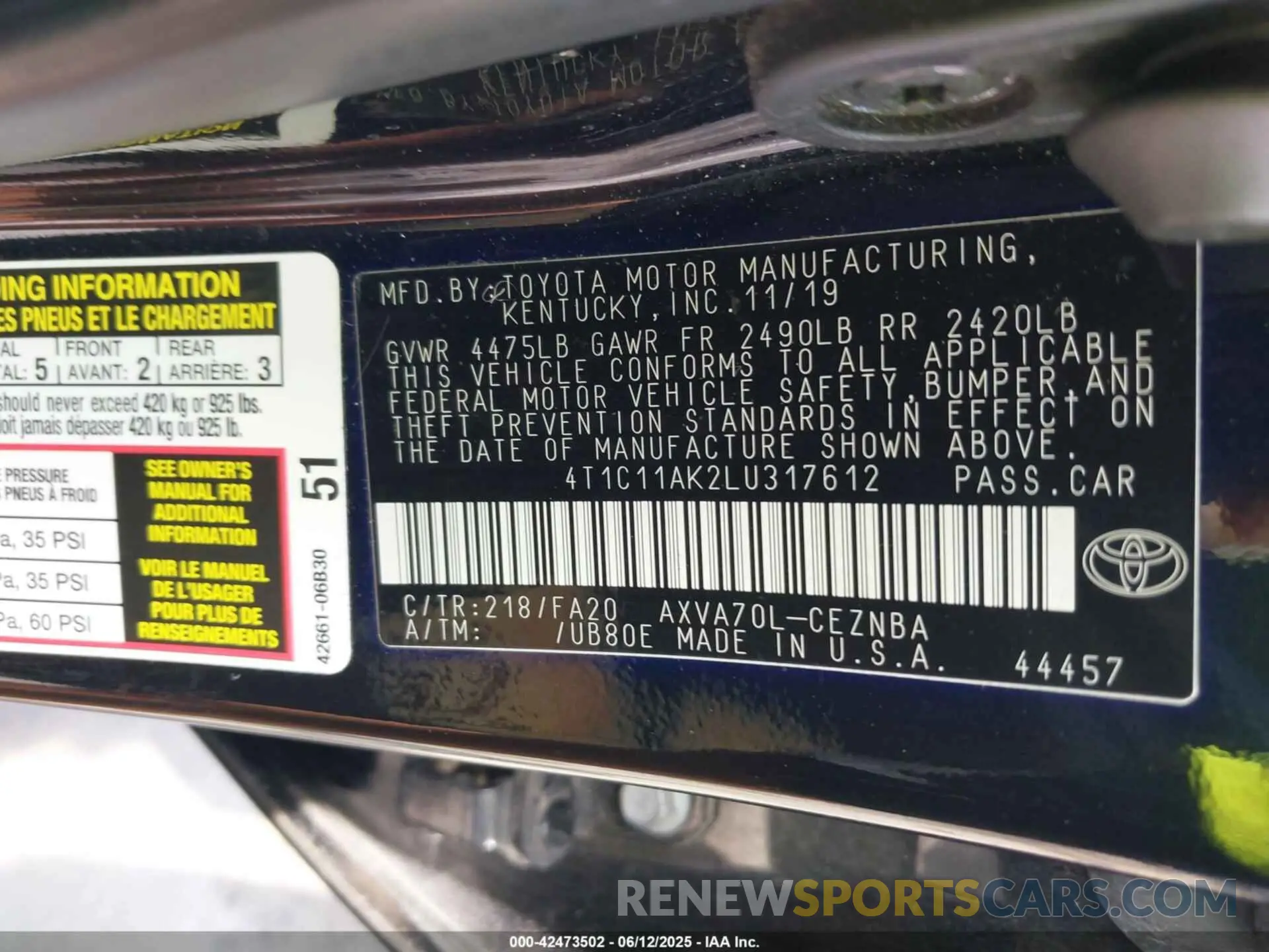 9 Photograph of a damaged car 4T1C11AK2LU317612 TOYOTA CAMRY 2020