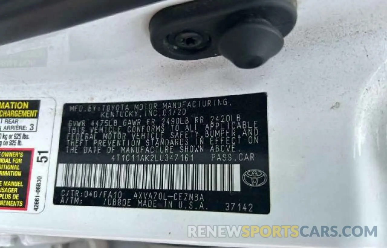 10 Photograph of a damaged car 4T1C11AK2LU347161 TOYOTA CAMRY 2020