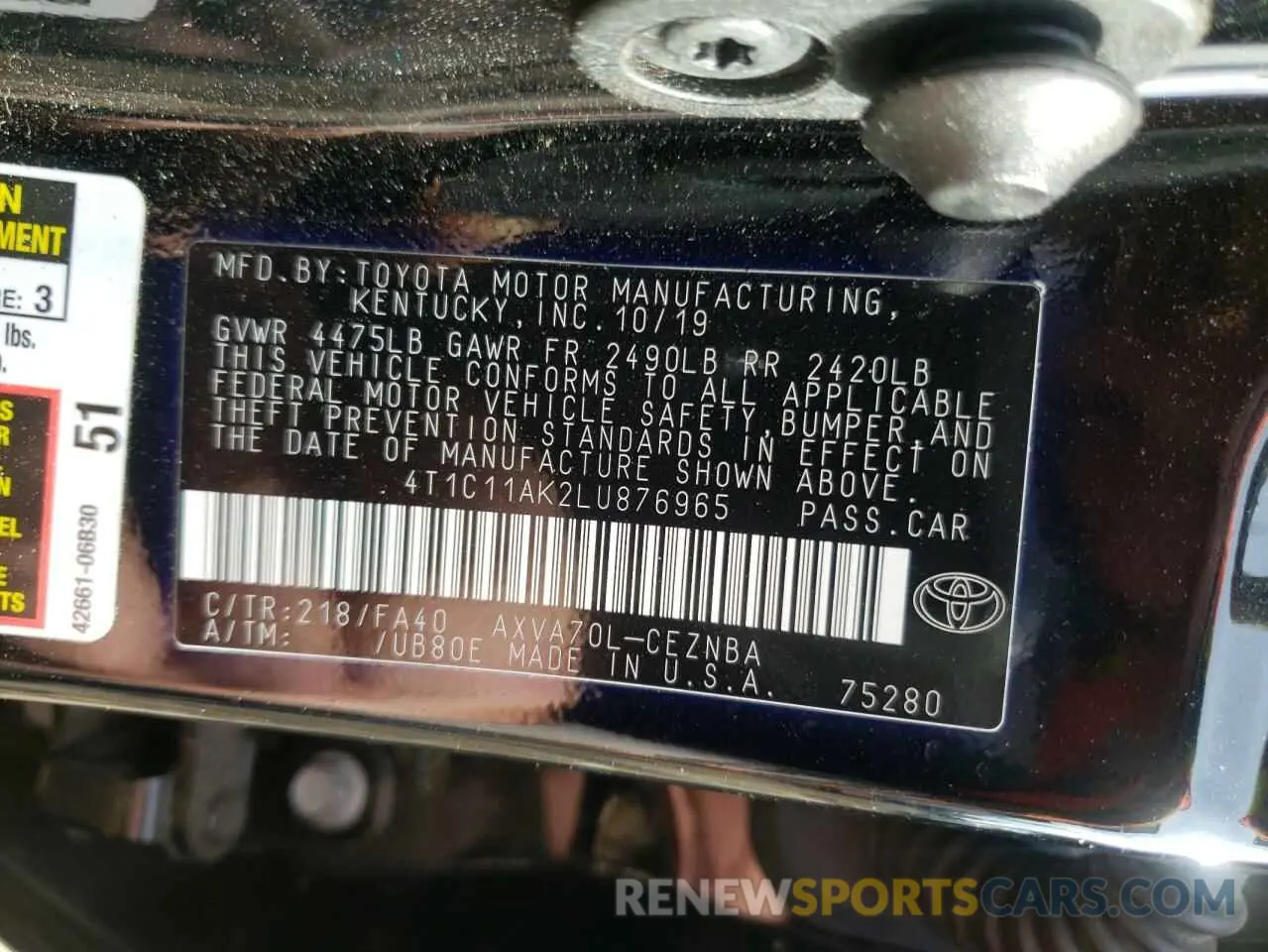 12 Photograph of a damaged car 4T1C11AK2LU876965 TOYOTA CAMRY 2020