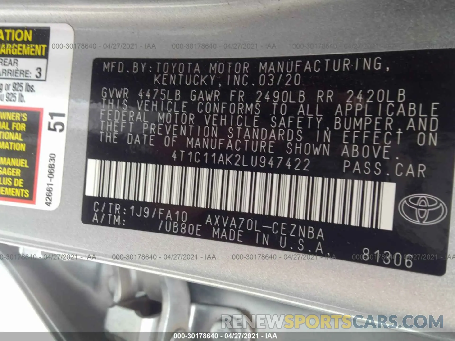 9 Photograph of a damaged car 4T1C11AK2LU947422 TOYOTA CAMRY 2020