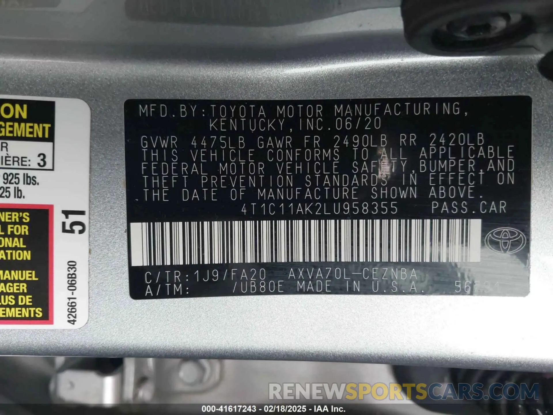 9 Фотография поврежденного автомобиля 4T1C11AK2LU958355 TOYOTA CAMRY 2020