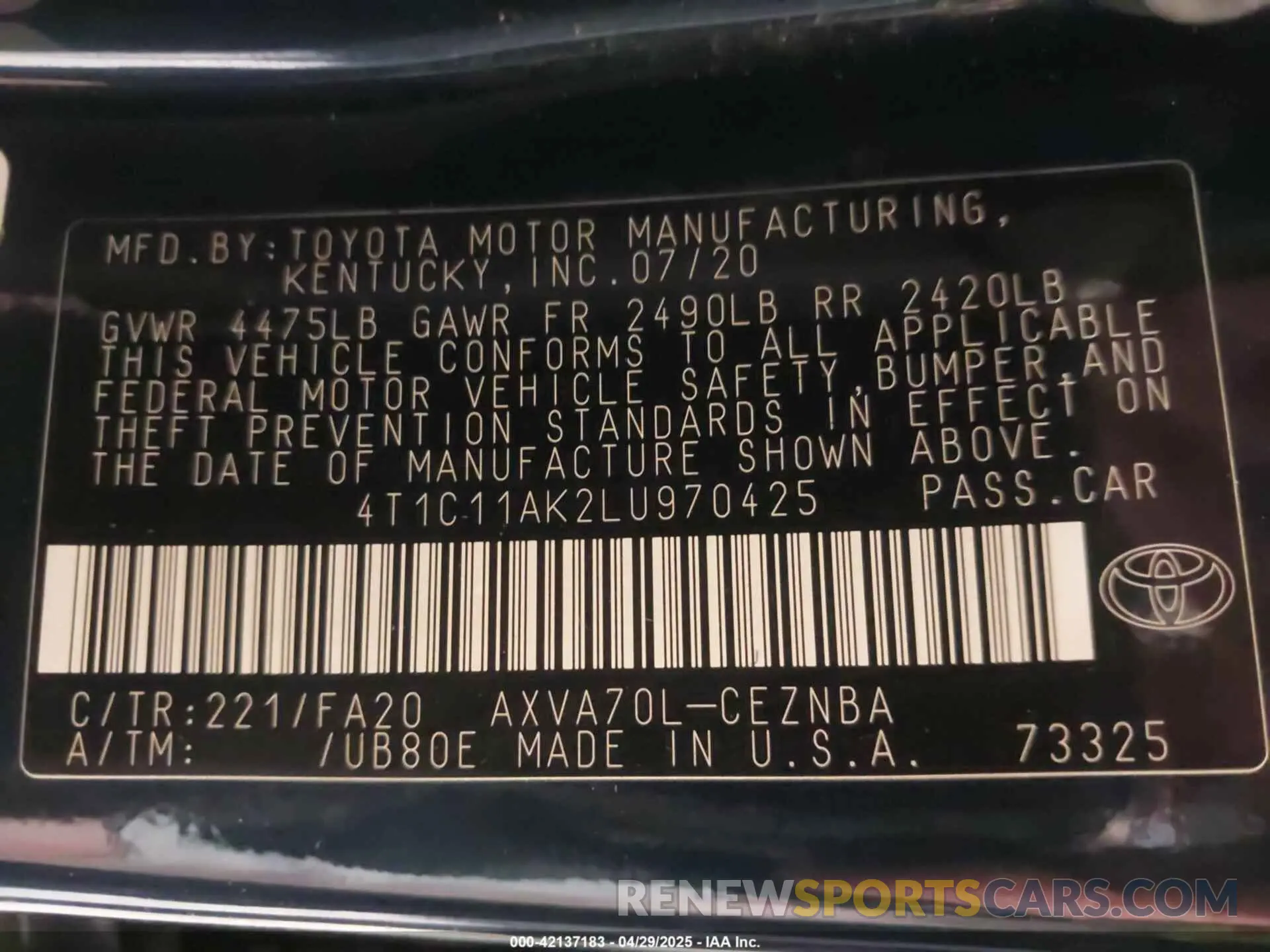 9 Photograph of a damaged car 4T1C11AK2LU970425 TOYOTA CAMRY 2020
