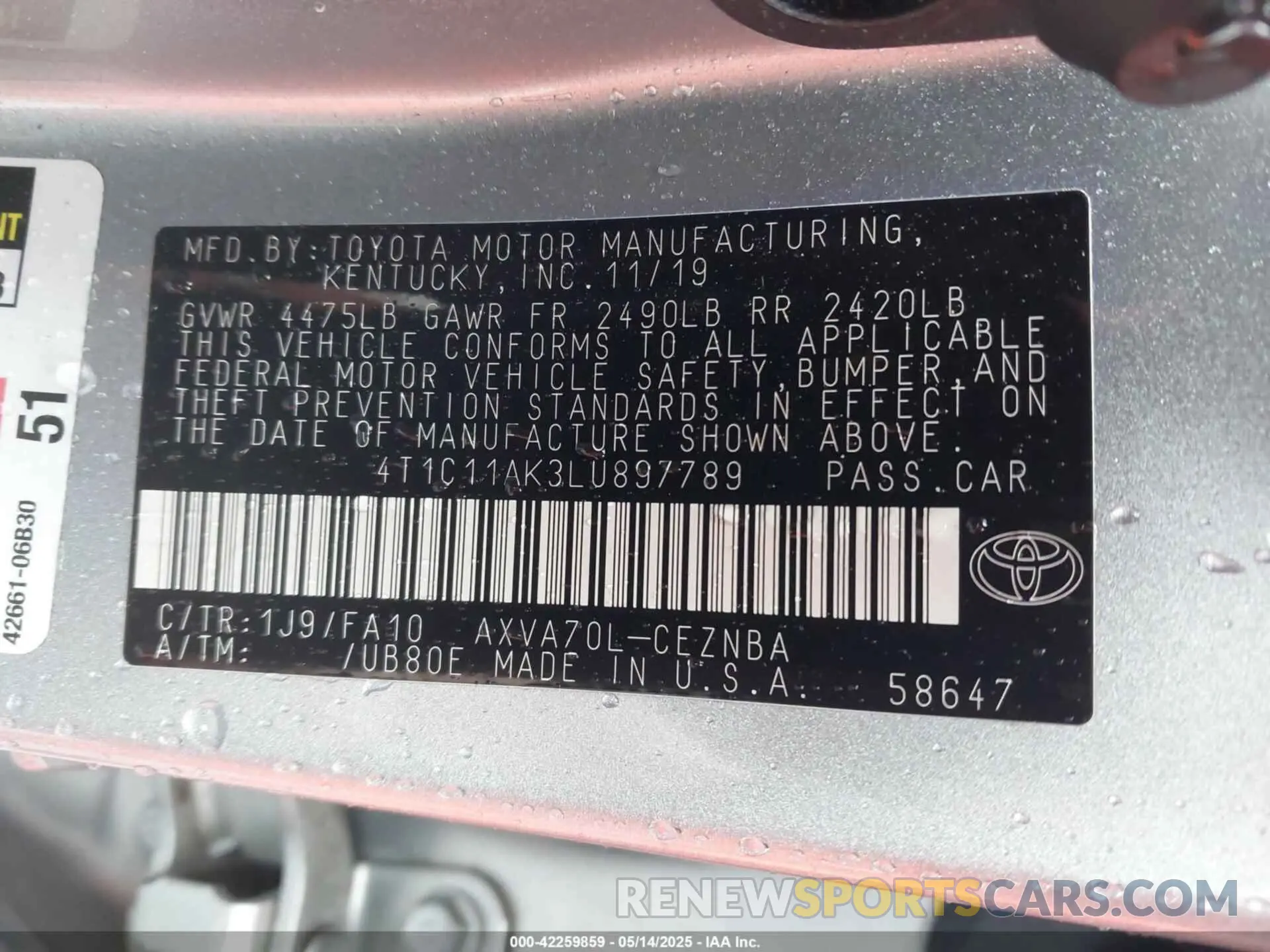 9 Фотография поврежденного автомобиля 4T1C11AK3LU897789 TOYOTA CAMRY 2020