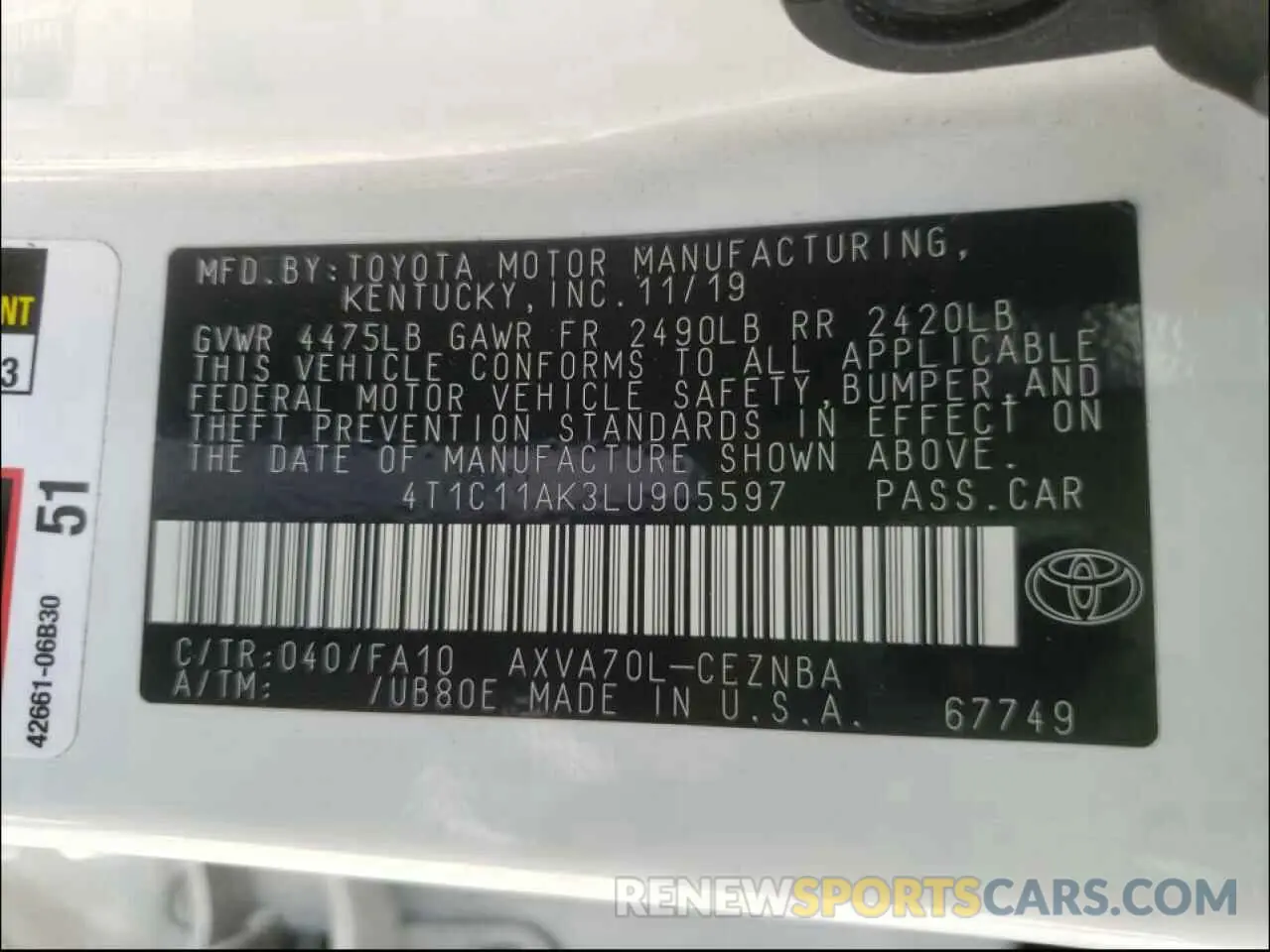 10 Photograph of a damaged car 4T1C11AK3LU905597 TOYOTA CAMRY 2020