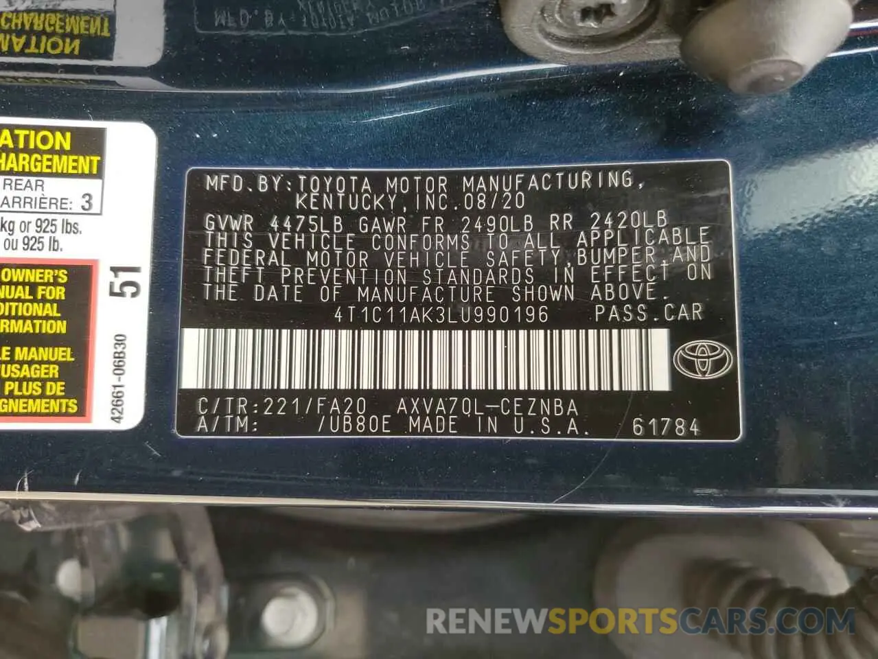 13 Фотография поврежденного автомобиля 4T1C11AK3LU990196 TOYOTA CAMRY 2020