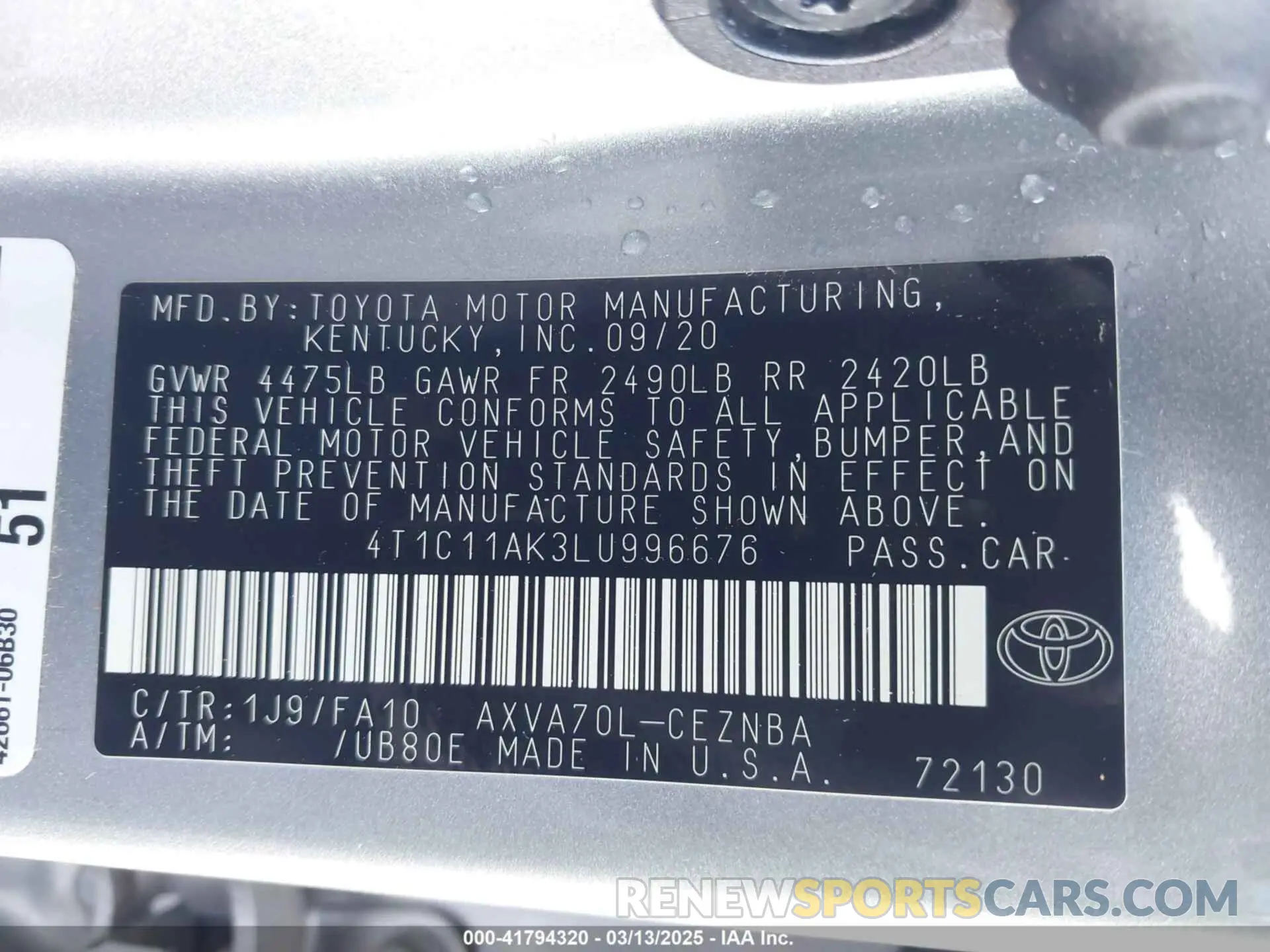 9 Фотография поврежденного автомобиля 4T1C11AK3LU996676 TOYOTA CAMRY 2020