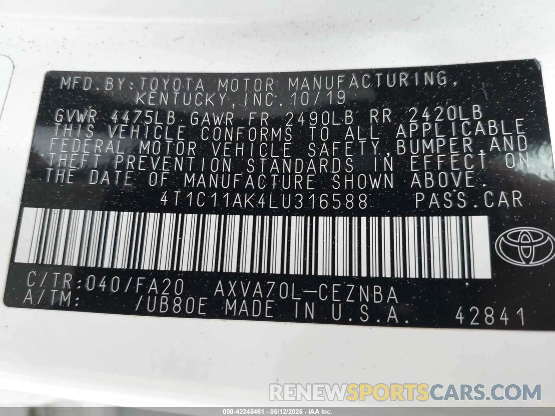 9 Photograph of a damaged car 4T1C11AK4LU316588 TOYOTA CAMRY 2020
