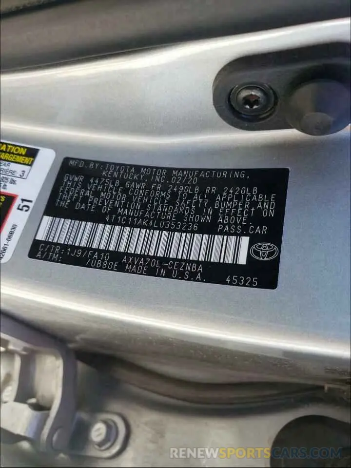 10 Photograph of a damaged car 4T1C11AK4LU353236 TOYOTA CAMRY 2020