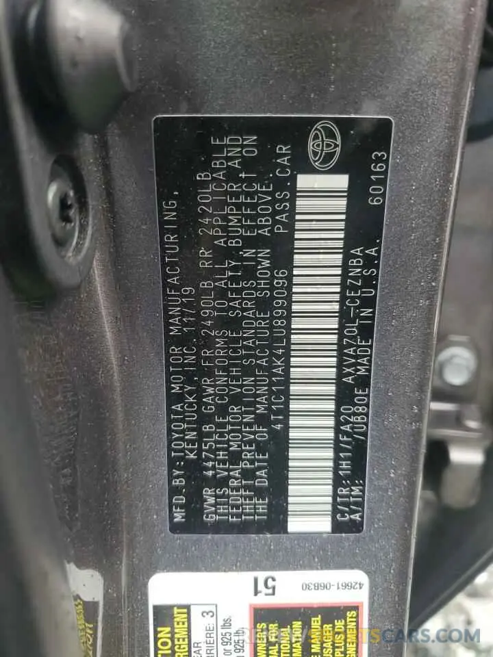 12 Photograph of a damaged car 4T1C11AK4LU899096 TOYOTA CAMRY 2020