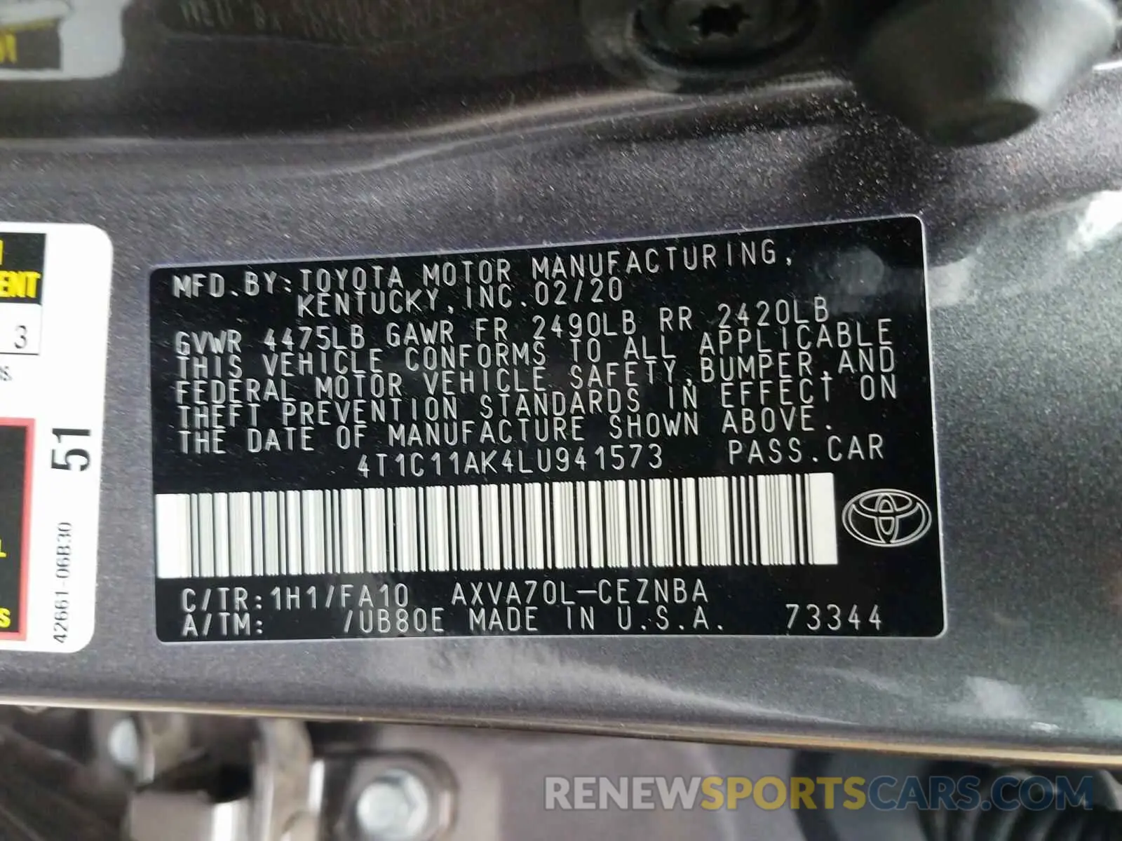 10 Photograph of a damaged car 4T1C11AK4LU941573 TOYOTA CAMRY 2020