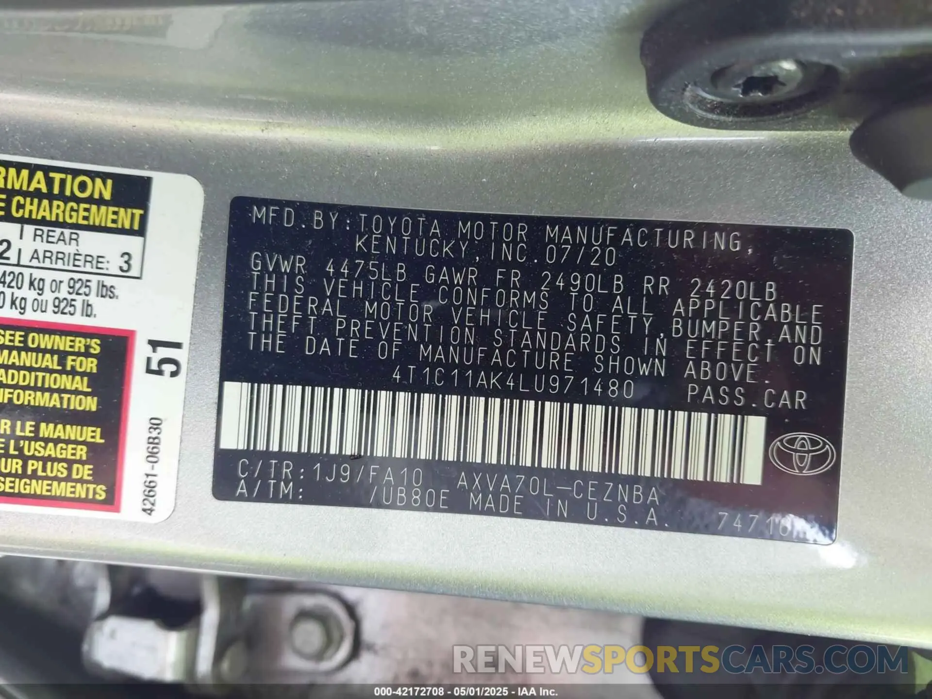 9 Photograph of a damaged car 4T1C11AK4LU971480 TOYOTA CAMRY 2020