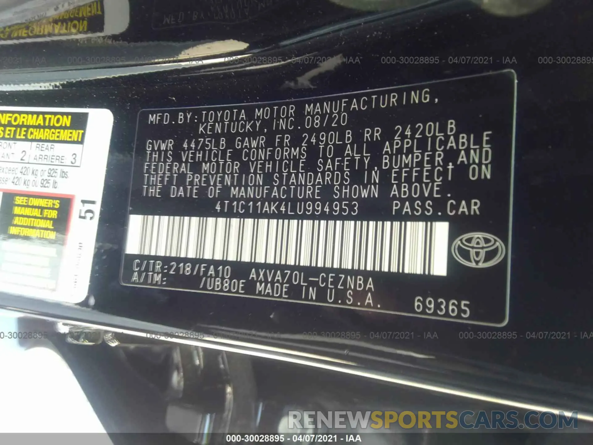 9 Photograph of a damaged car 4T1C11AK4LU994953 TOYOTA CAMRY 2020