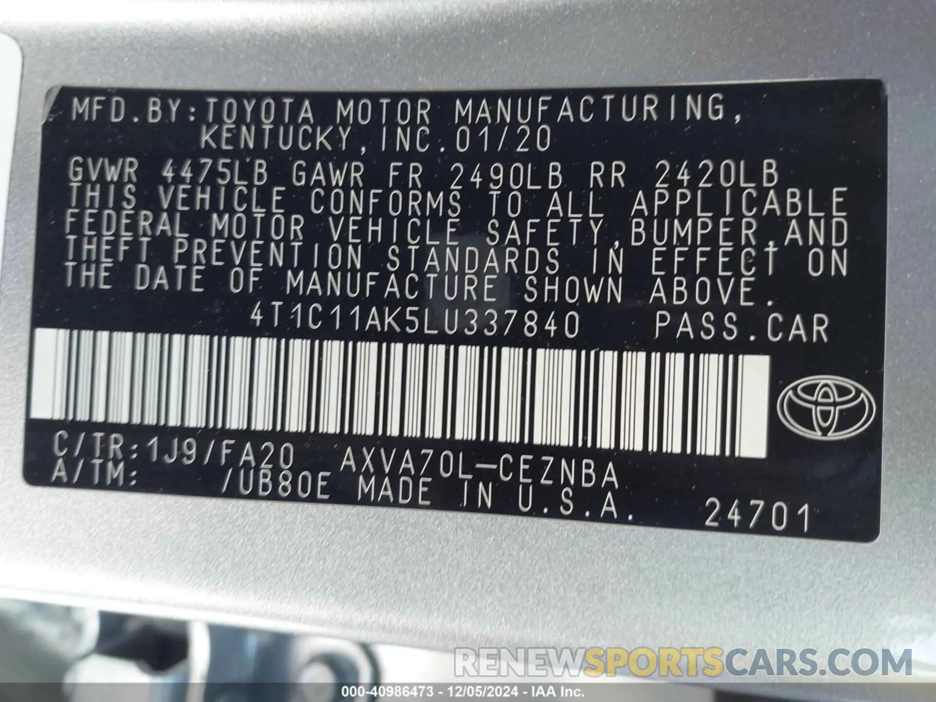 9 Фотография поврежденного автомобиля 4T1C11AK5LU337840 TOYOTA CAMRY 2020