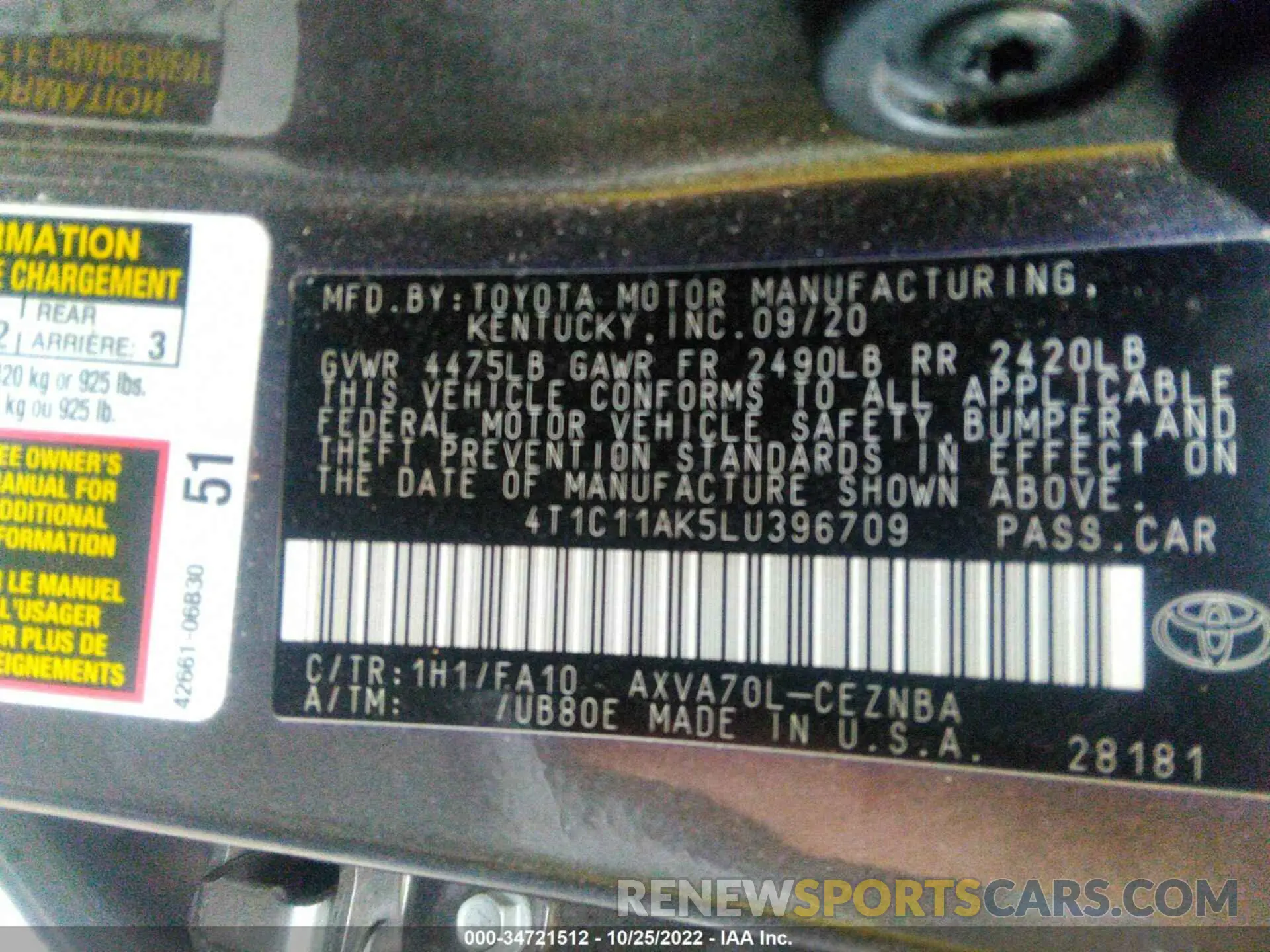9 Photograph of a damaged car 4T1C11AK5LU396709 TOYOTA CAMRY 2020