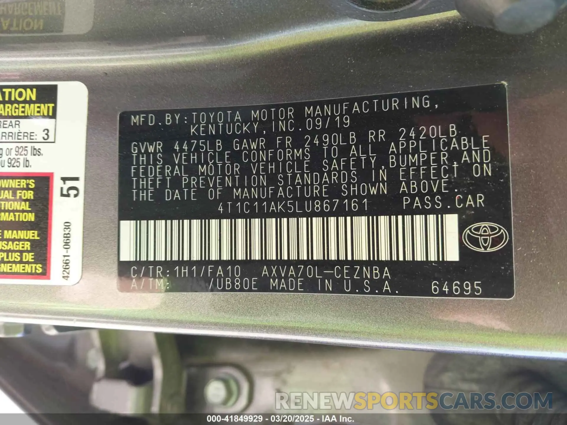9 Photograph of a damaged car 4T1C11AK5LU867161 TOYOTA CAMRY 2020