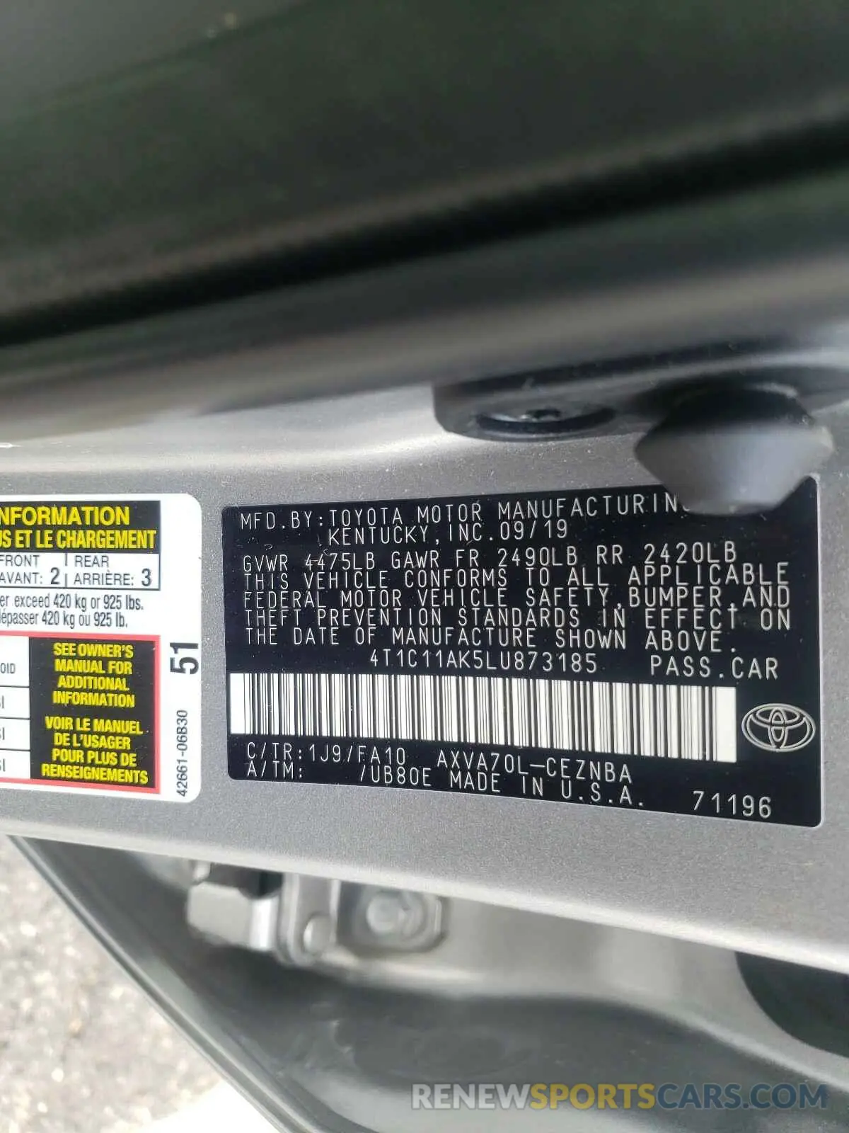 10 Photograph of a damaged car 4T1C11AK5LU873185 TOYOTA CAMRY 2020