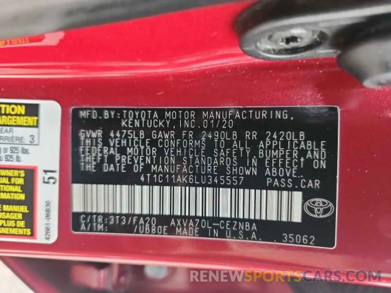 10 Photograph of a damaged car 4T1C11AK6LU345557 TOYOTA CAMRY 2020